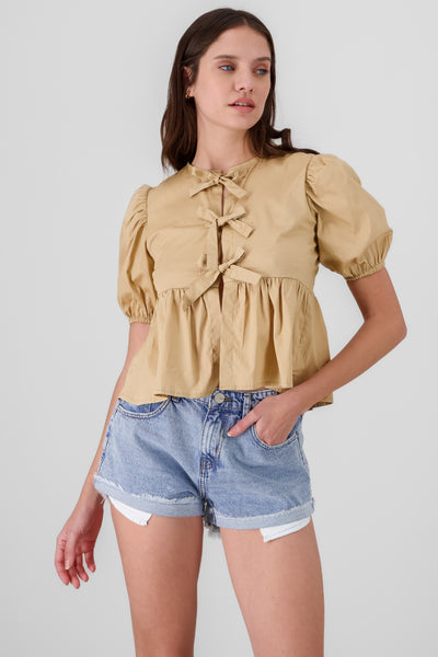 Puff Sleeve Blouse With Bow Detail TAN