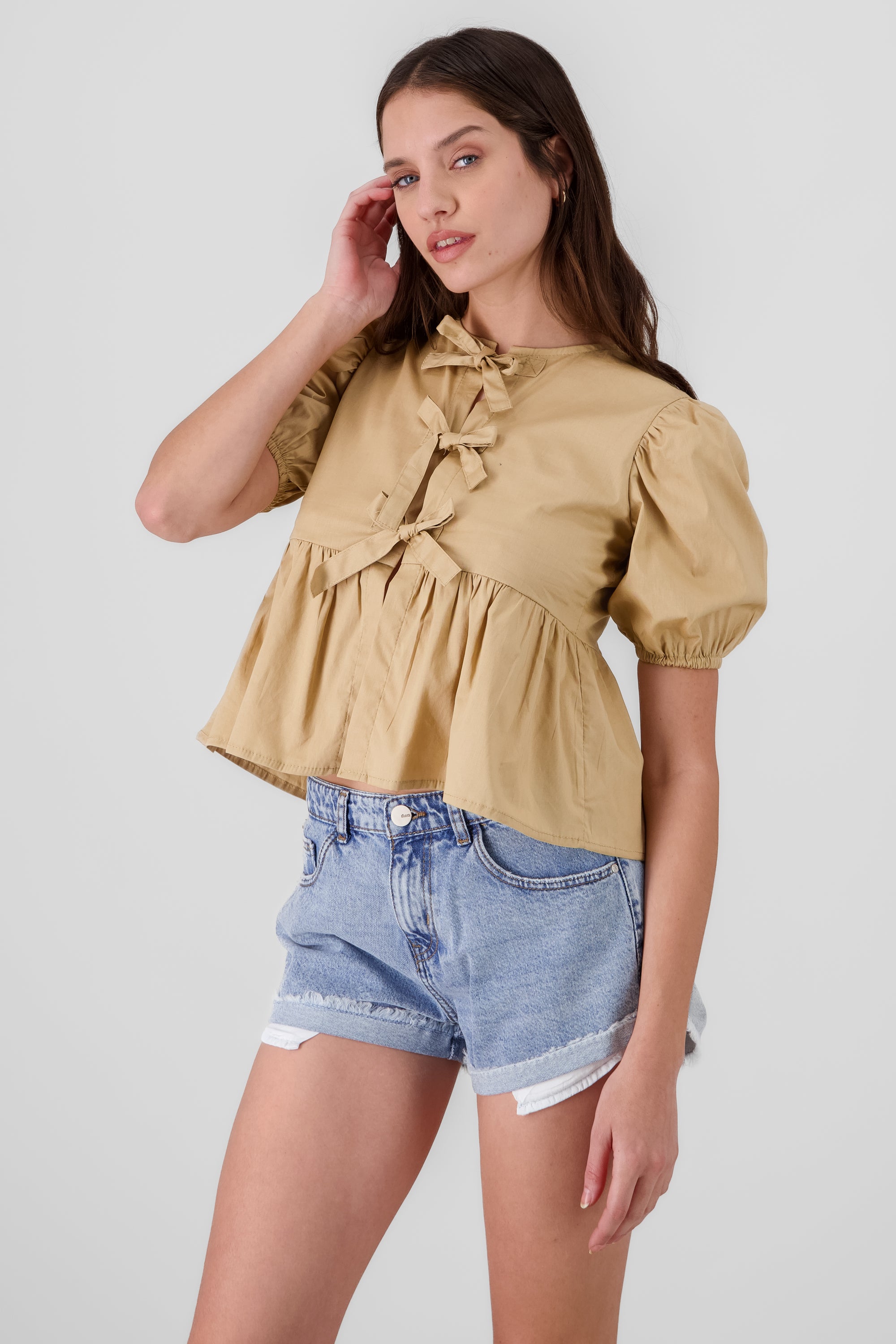 Puff Sleeve Blouse With Bow Detail TAN