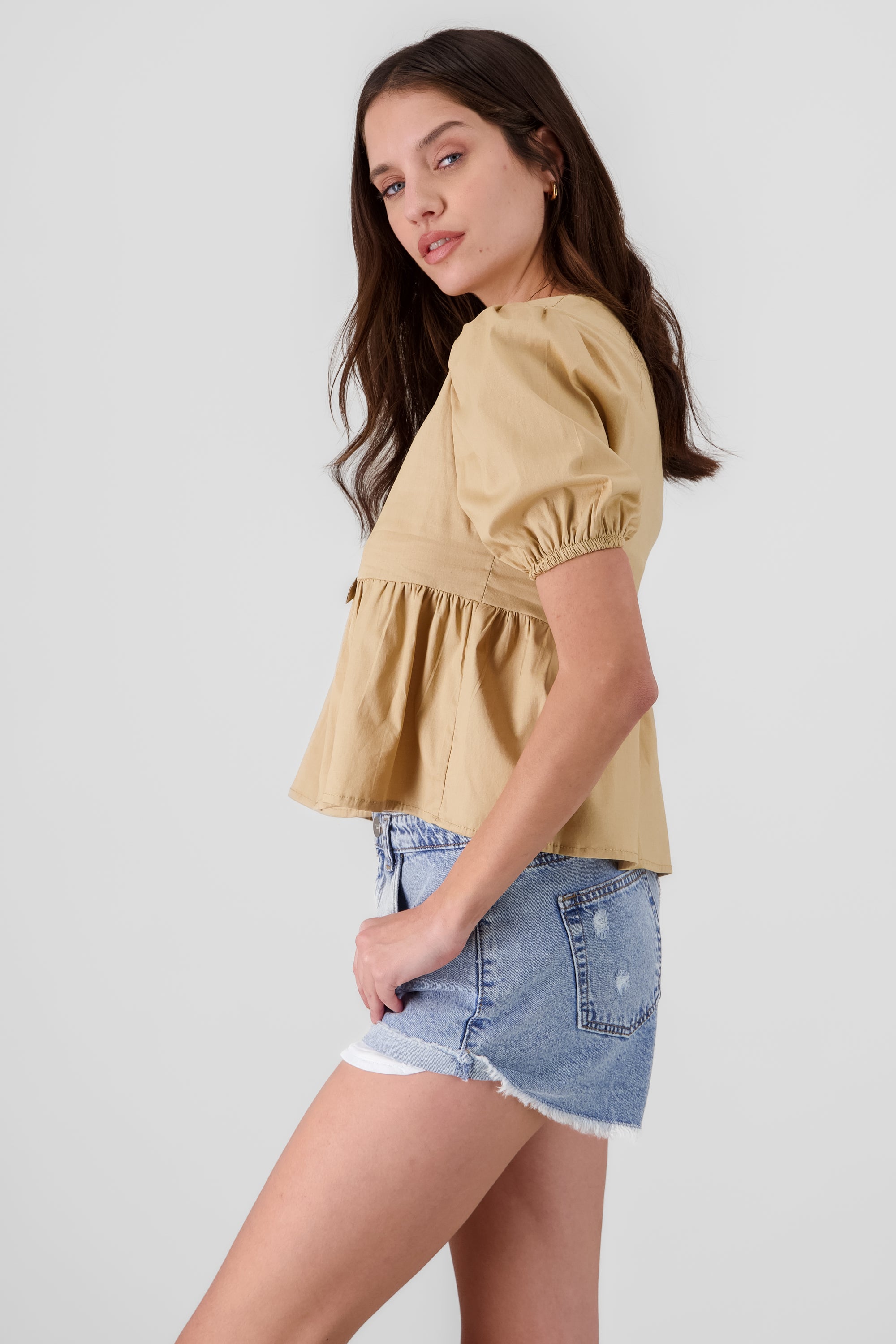 Puff Sleeve Blouse With Bow Detail TAN