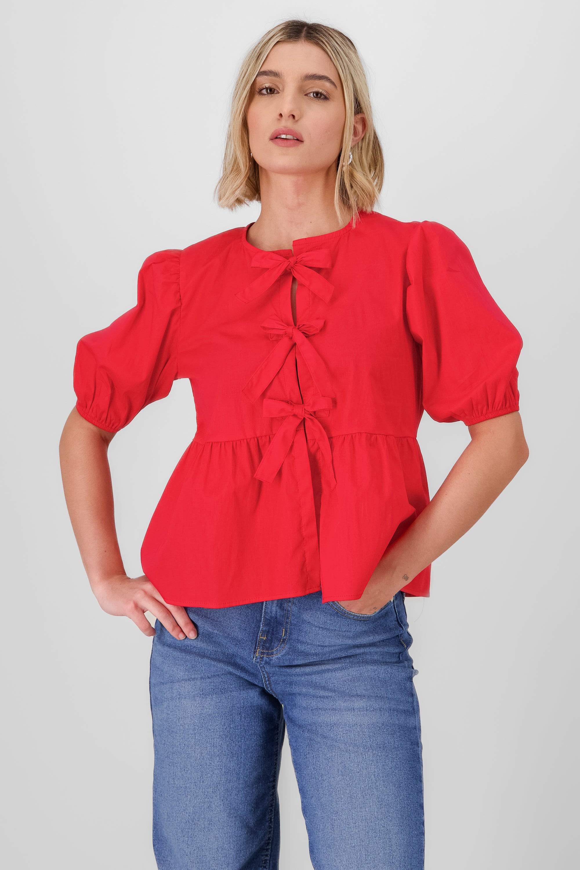 Puff Sleeve Blouse With Bow Detail RED