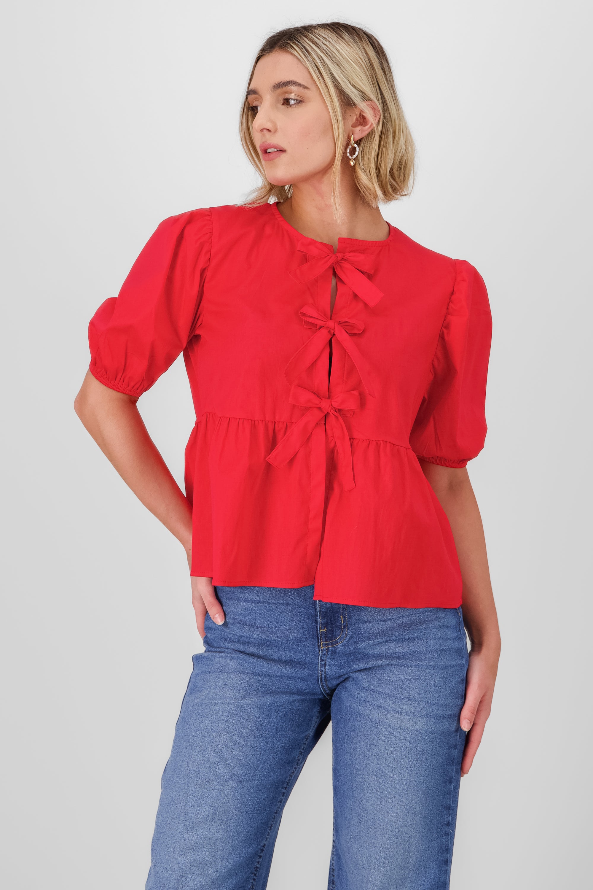 Puff Sleeve Blouse With Bow Detail RED