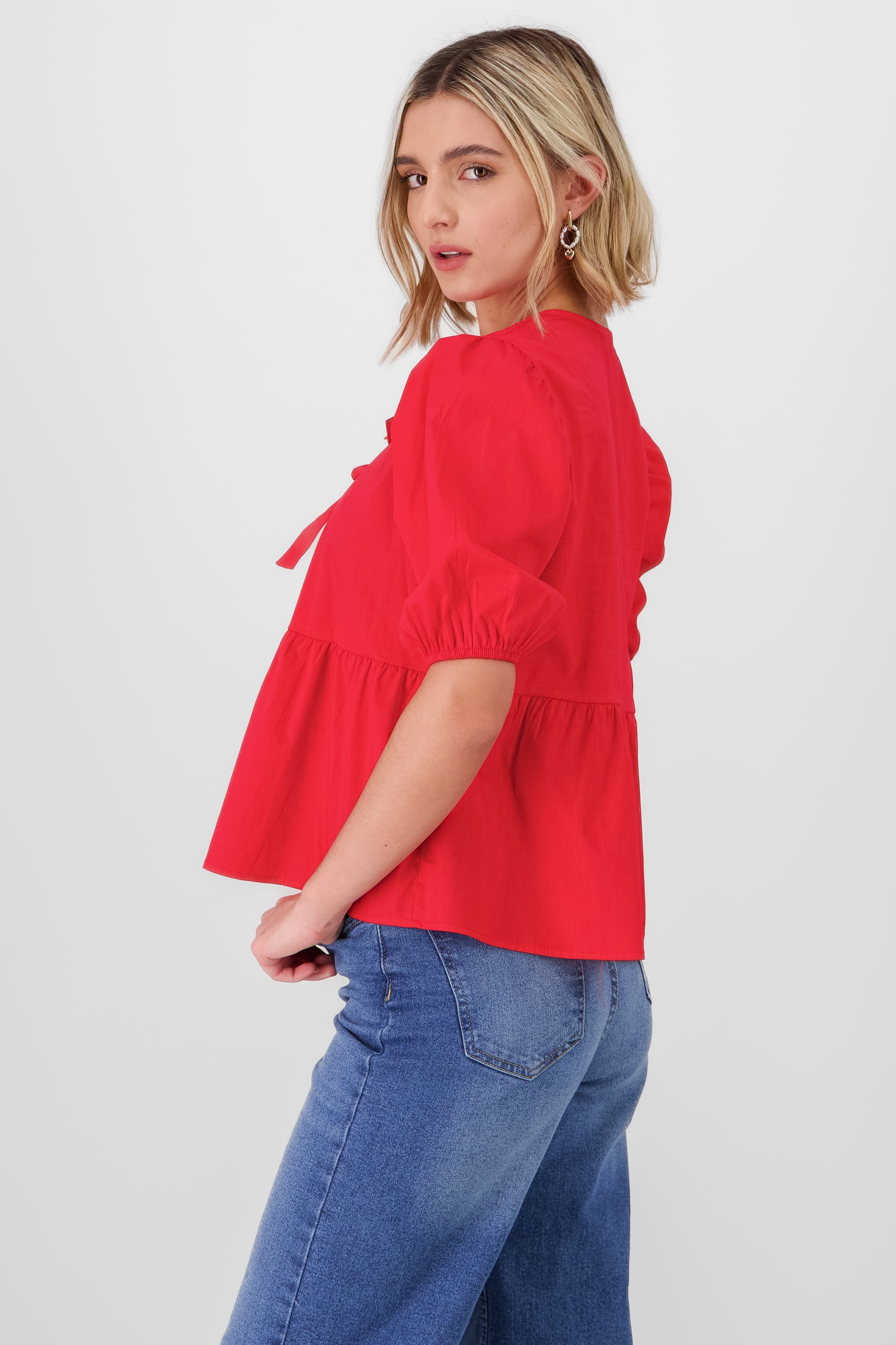 Puff Sleeve Blouse With Bow Detail RED