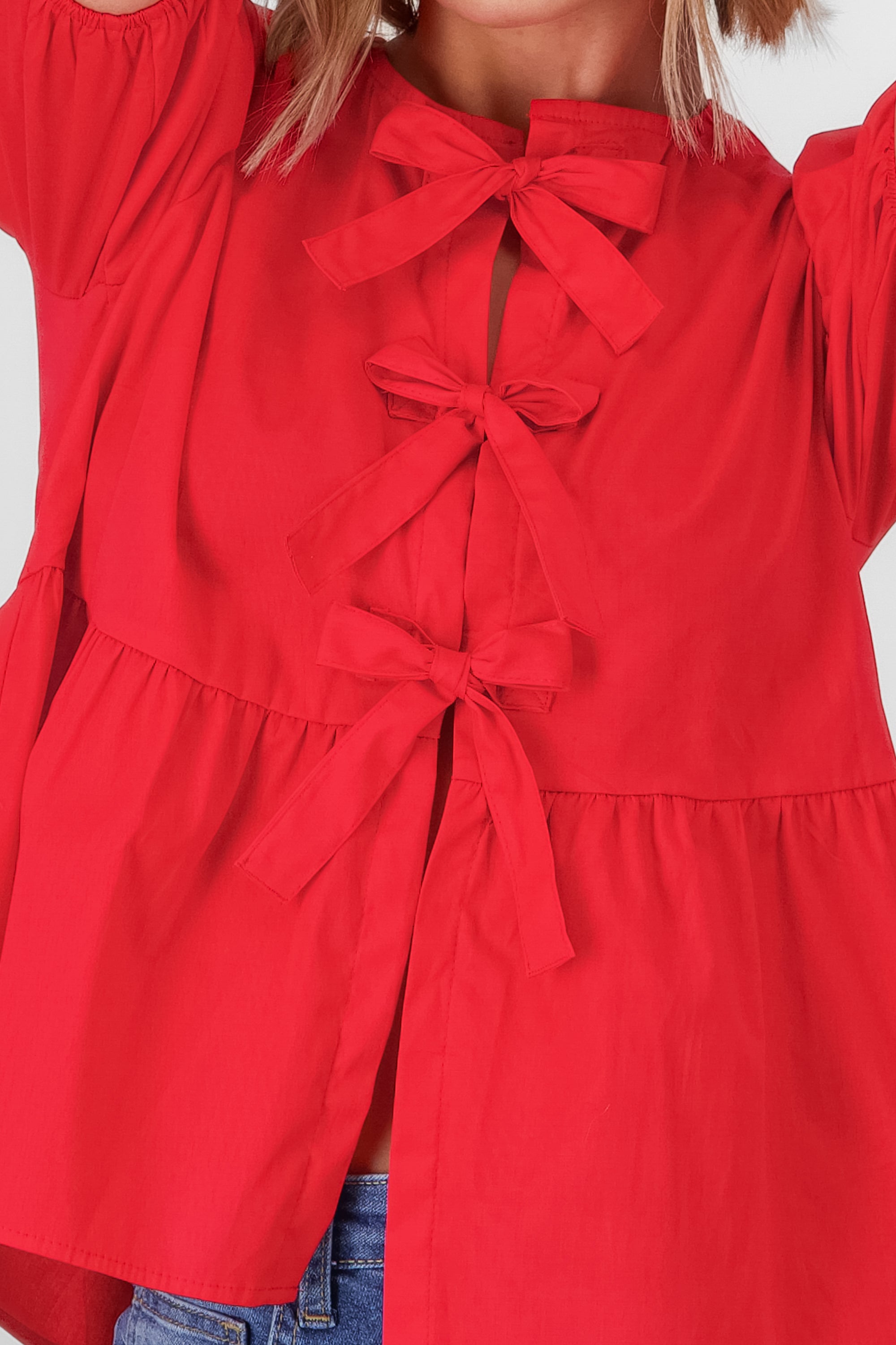 Puff Sleeve Blouse With Bow Detail RED