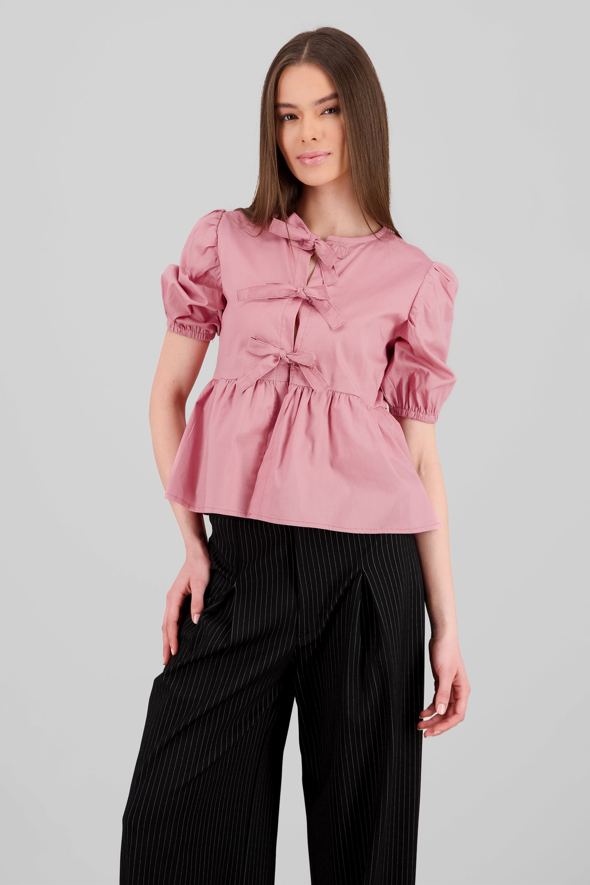 Puff Sleeve Blouse With Bow Detail ROSEWOOD