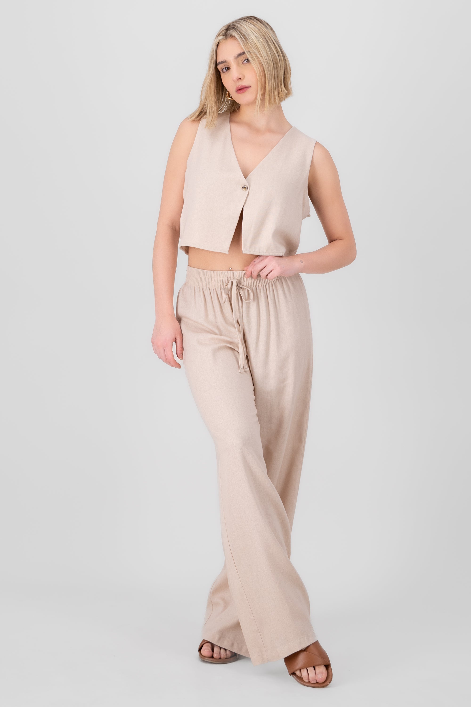 Elastic Waist Wide Leg Pants SAND