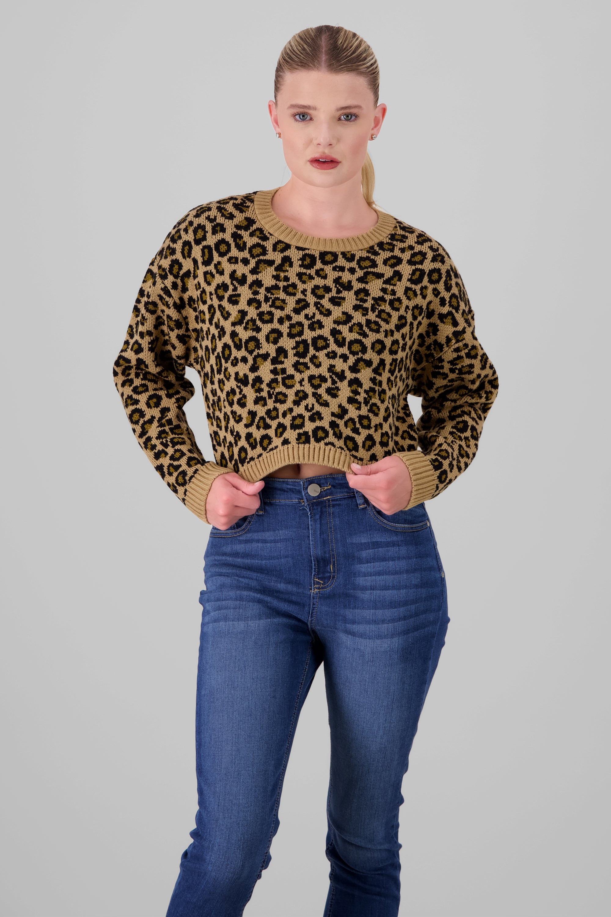 Animal Print Knit Sweater BROWN COMBO