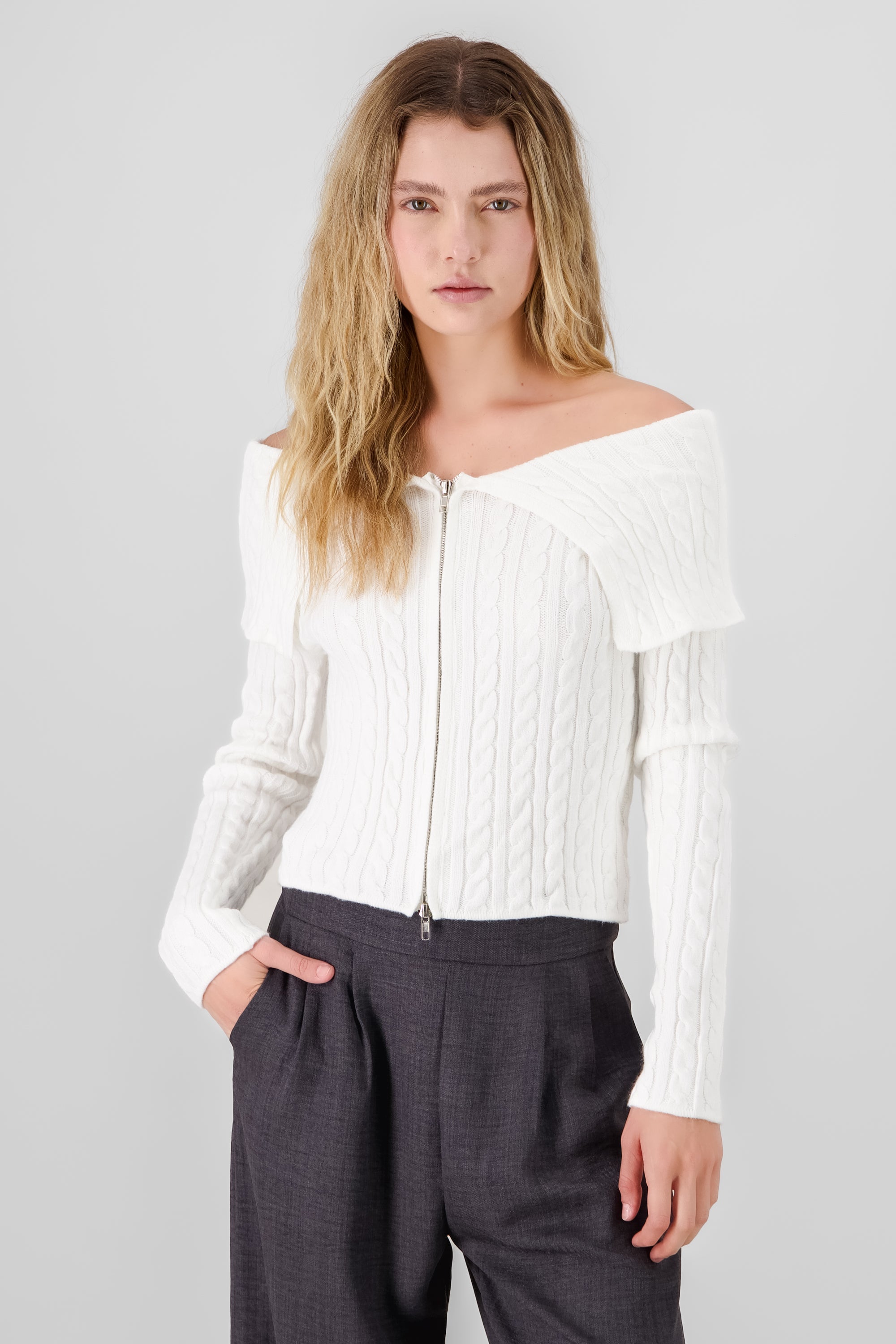 Drop Shoulder Cardigan Sweater WHITE