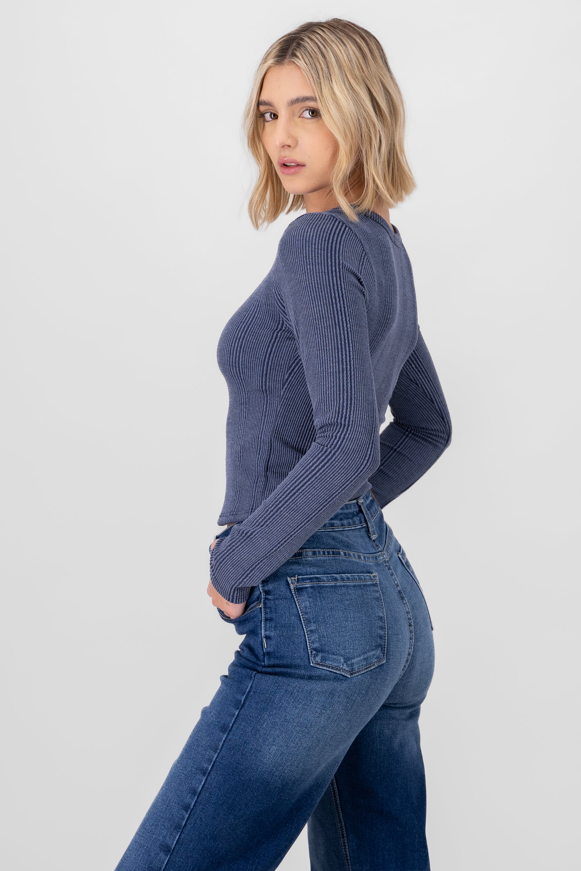 Ribbed Long Sleeve Top INDIGO