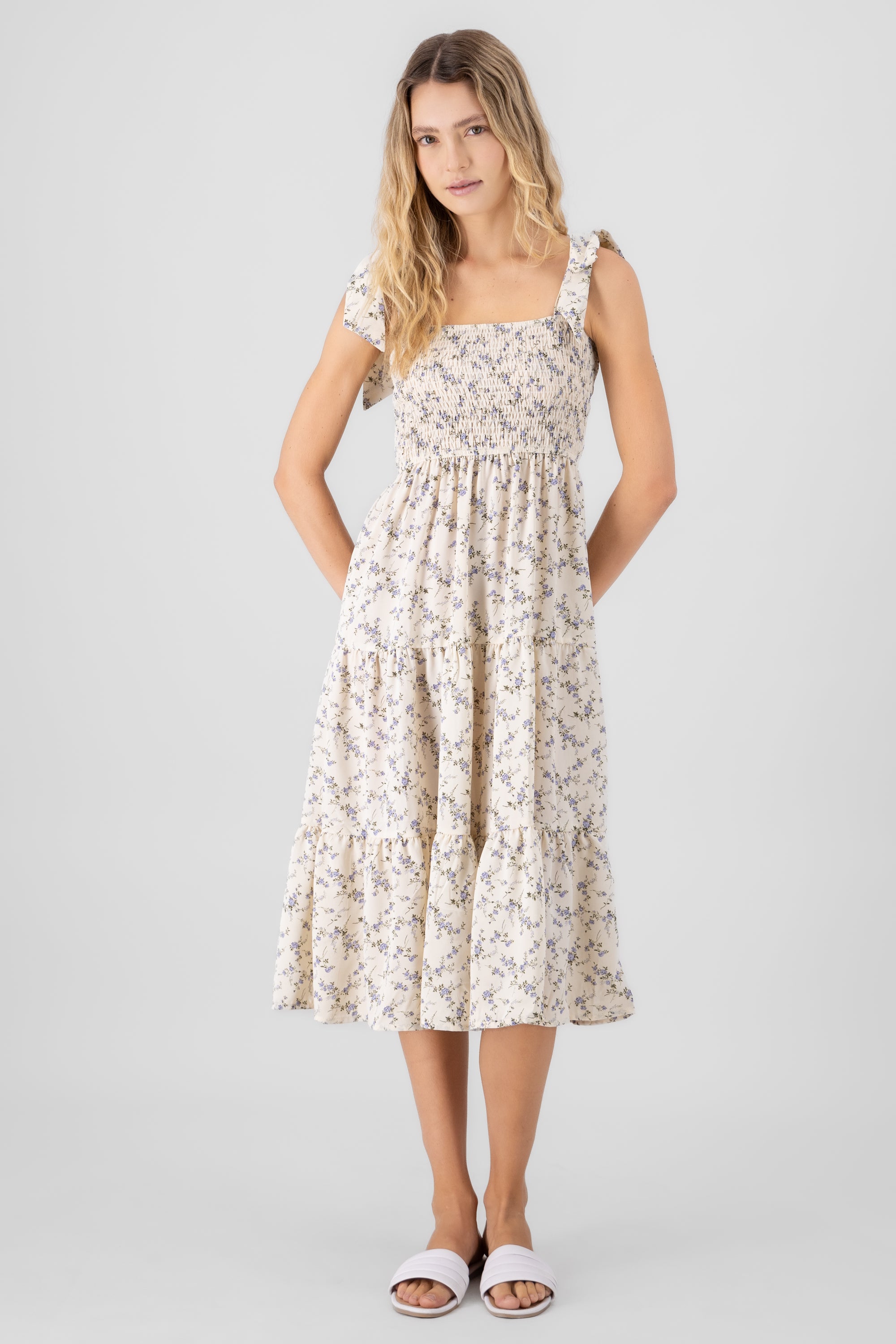 Floral Print Midi Dress BONE COMBO