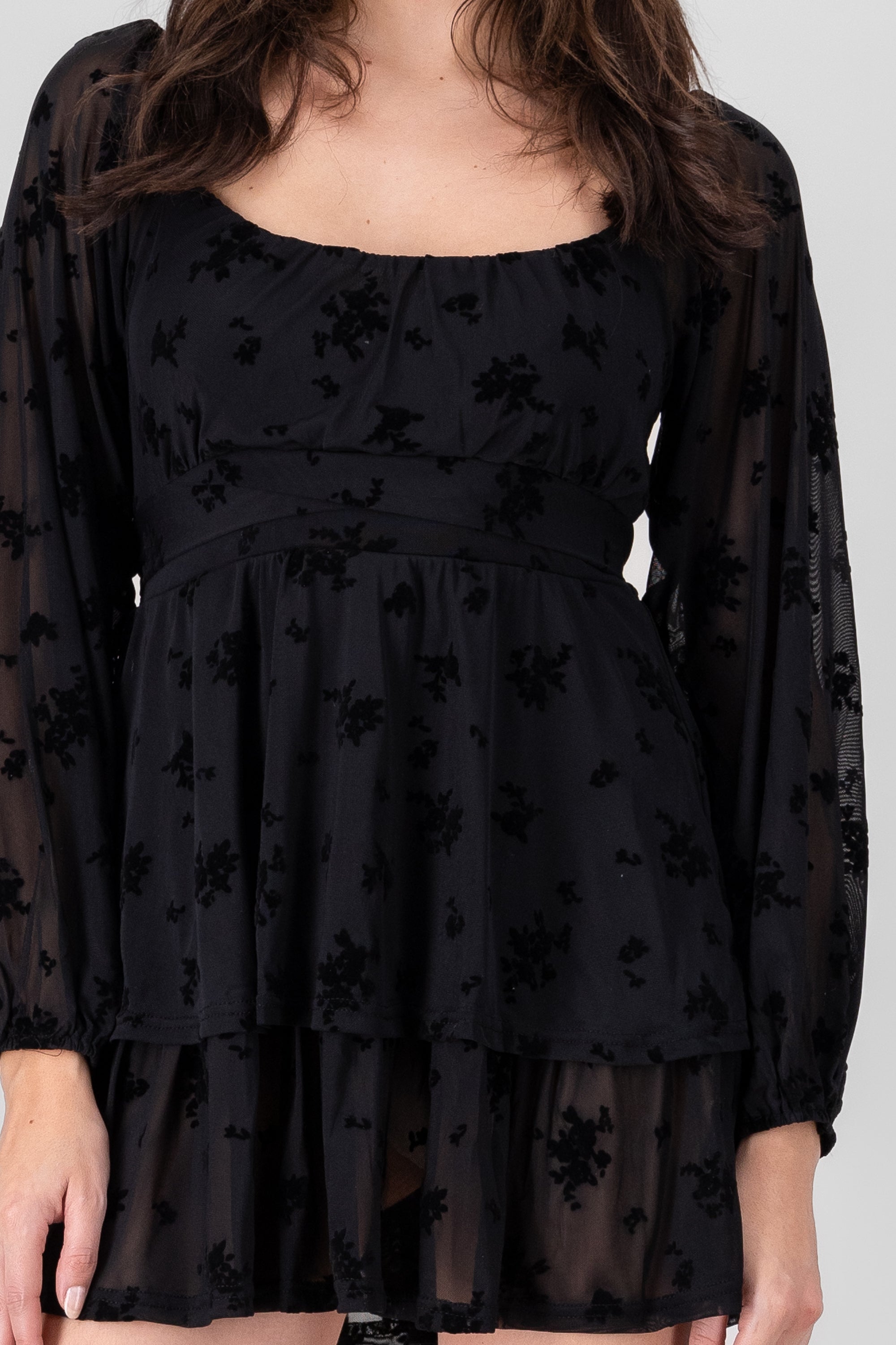 Floral Flock Print Mini Dress BLACK