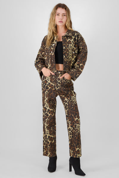 Denim Animal Print Pants BROWN COMBO