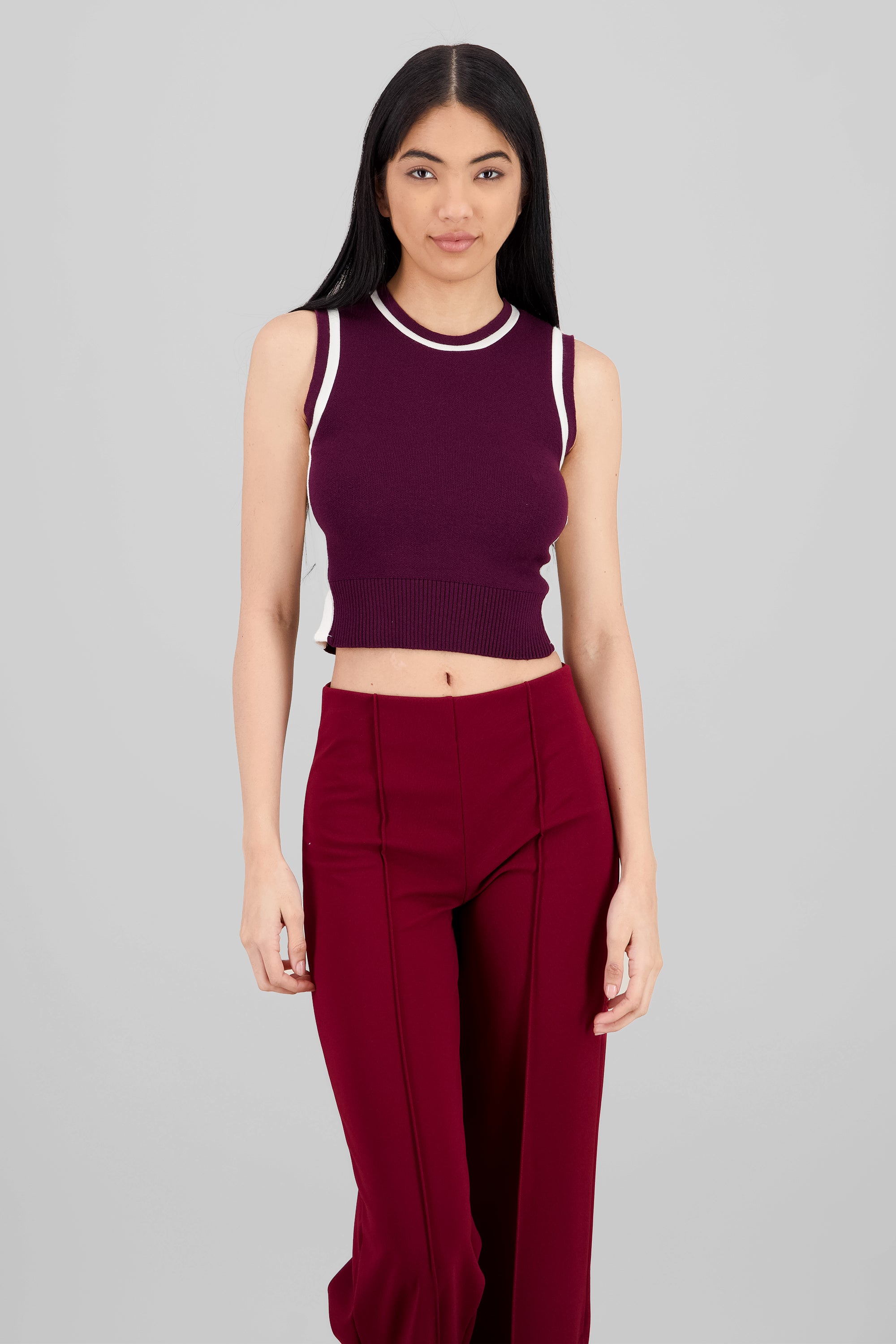 Contrast Detail Knit Vest PLUM