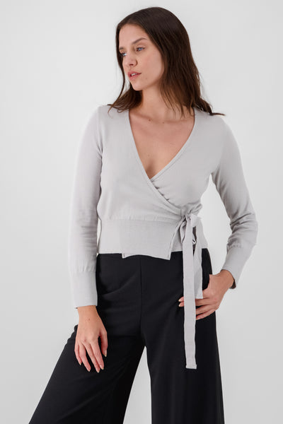 V Neck Sweater With Bow Detail LIGHT GRAY