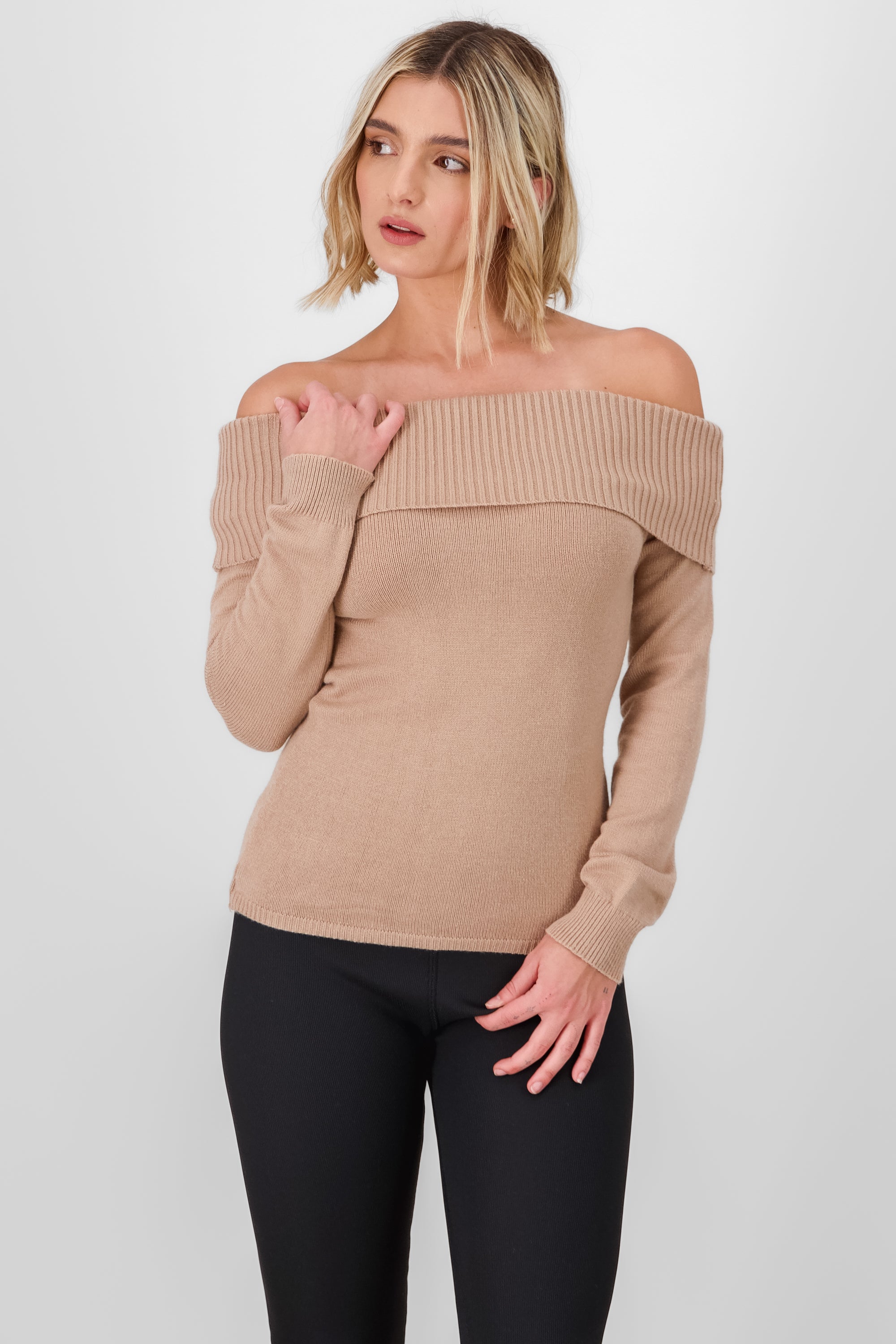 Knit Off Shoulder Sweater KHAKI