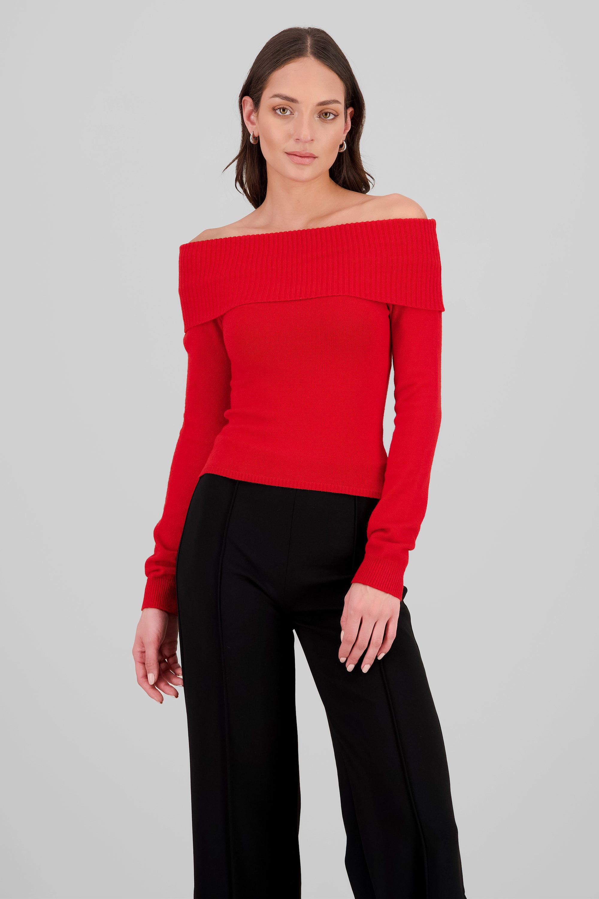 Knit Off Shoulder Sweater RED