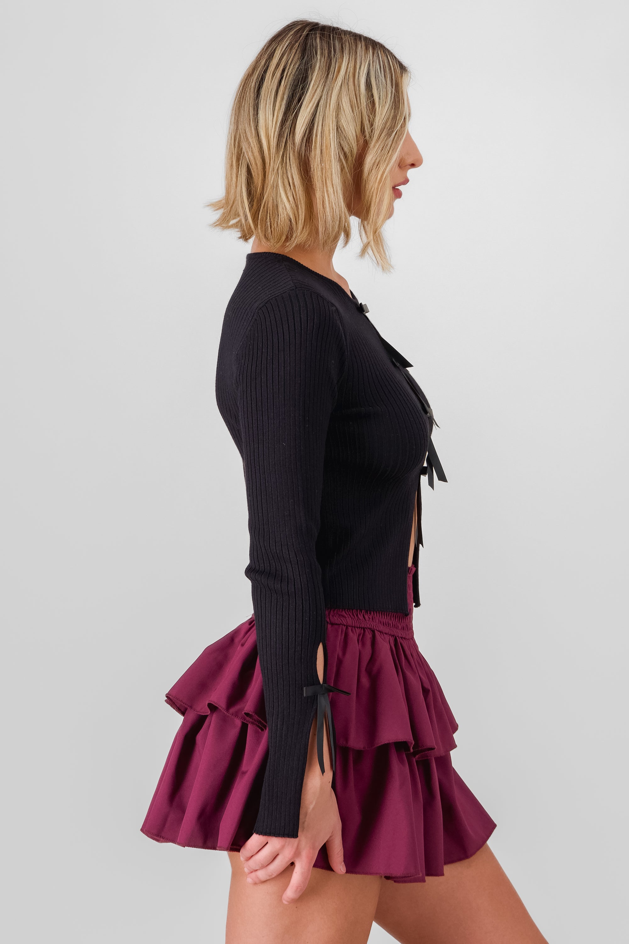 Solid Knit Sweater with Bows BLACK