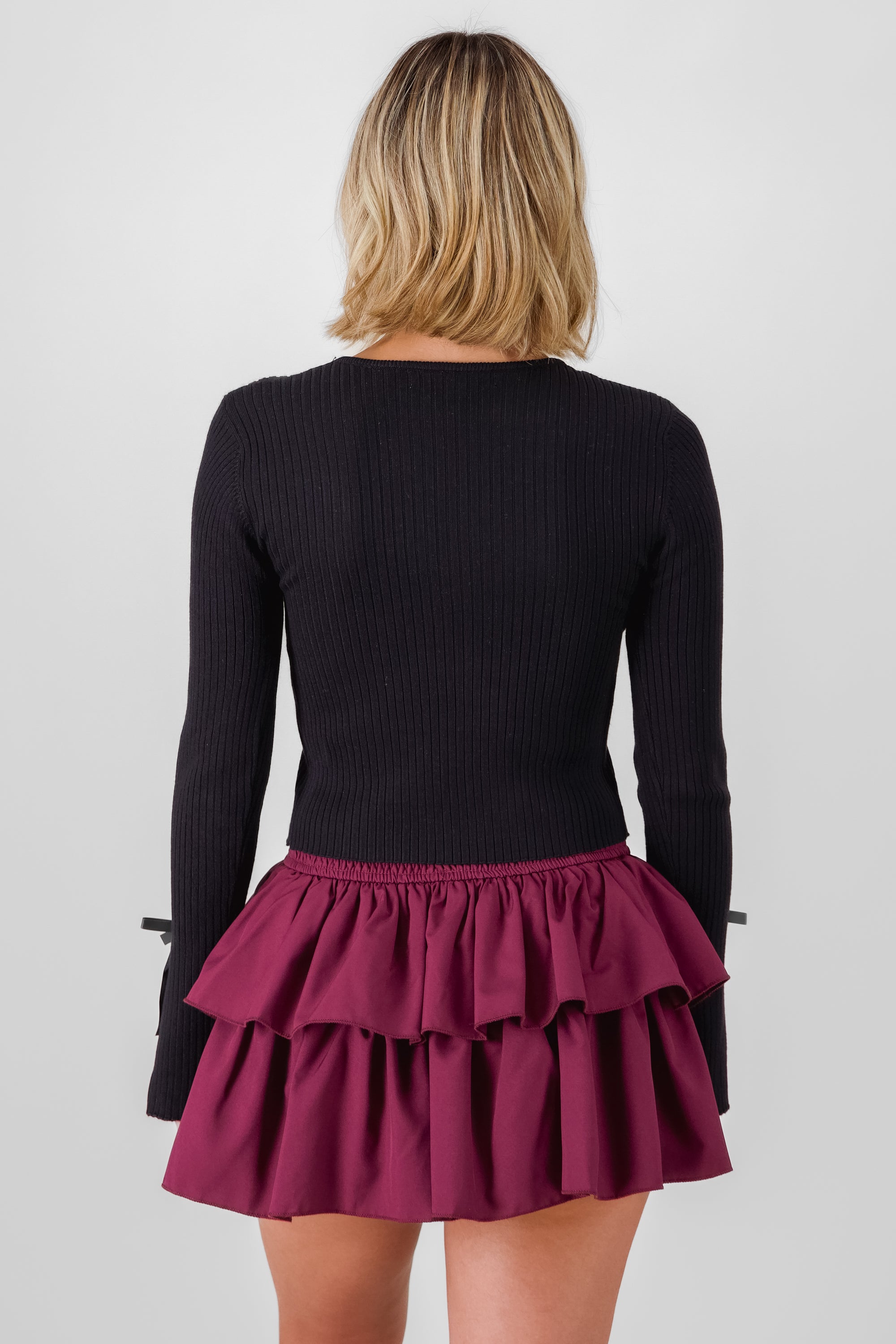 Solid Knit Sweater with Bows BLACK