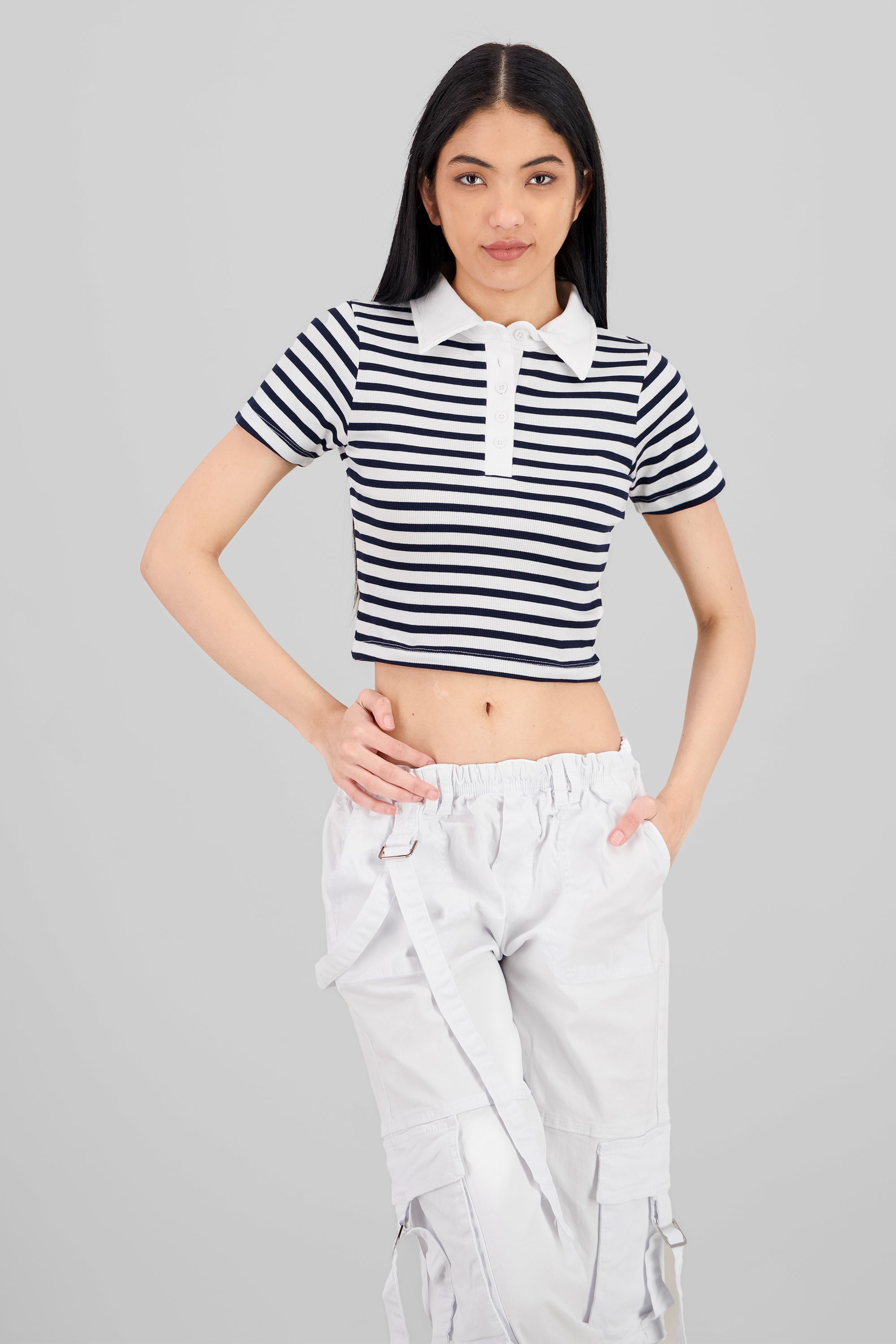 Striped Polo Neck Top NAVY COMBO