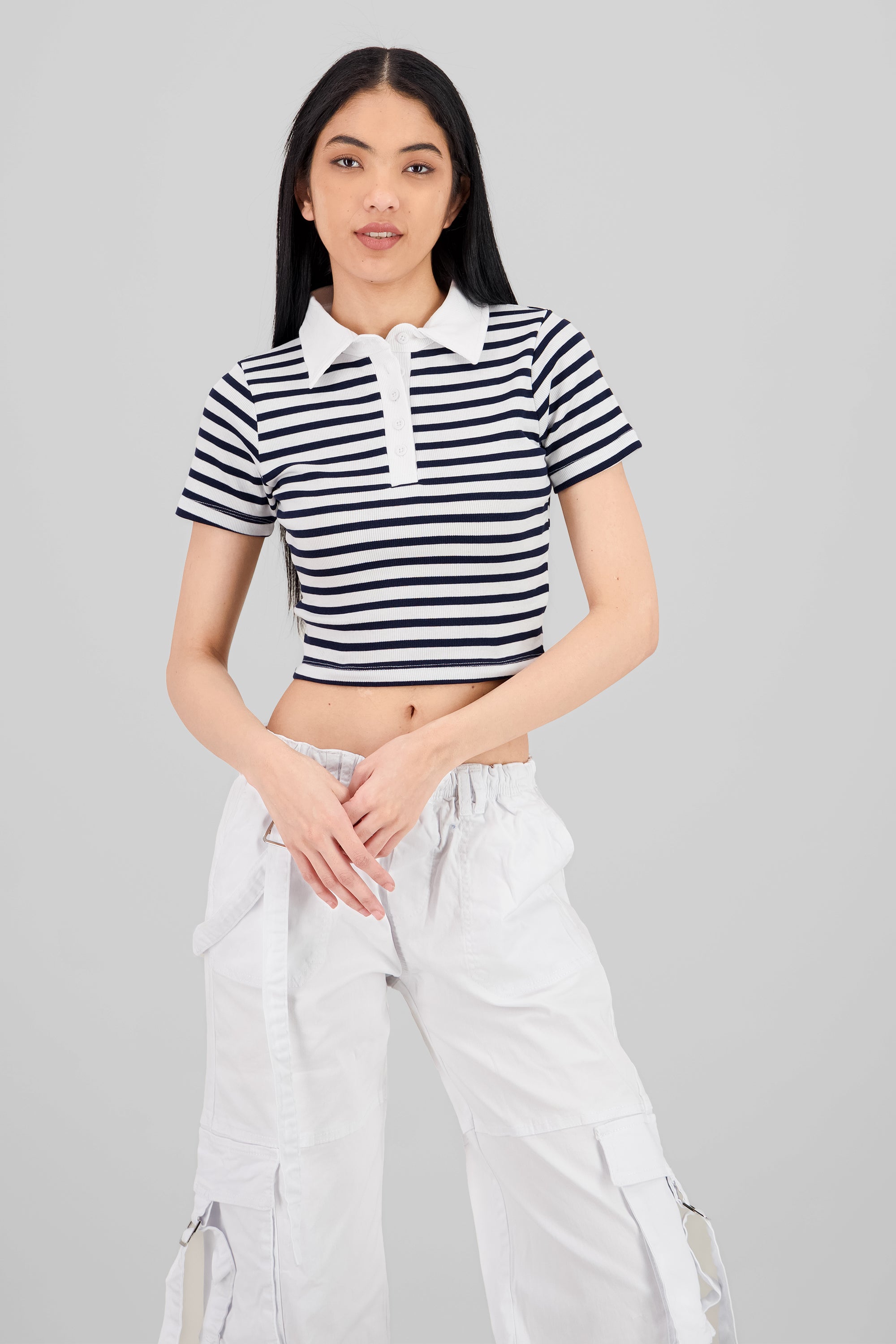 Striped Polo Neck Top NAVY COMBO