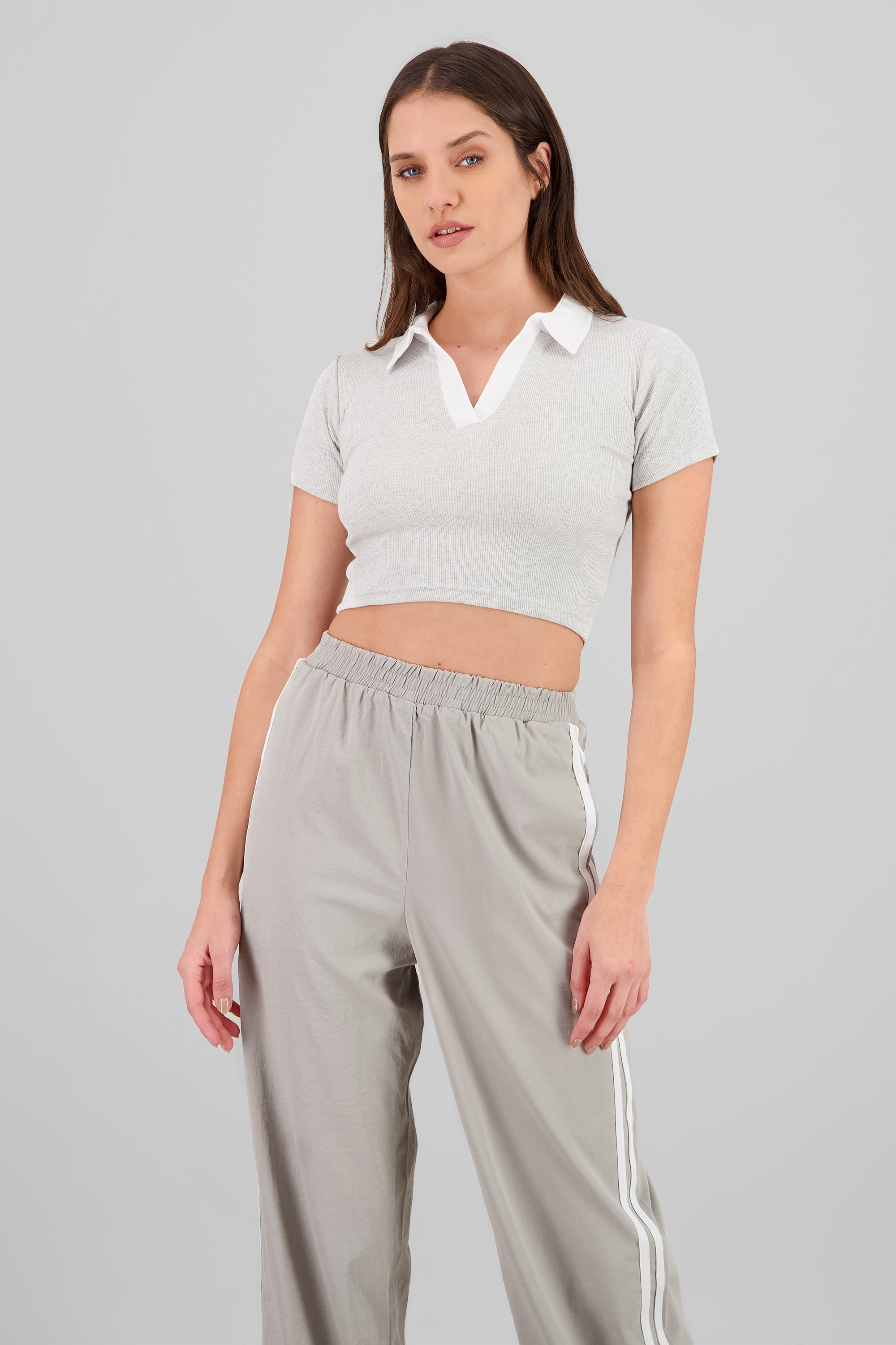 Contrast Polo Neck Top HEATHER GRAY