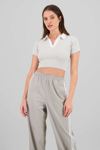 Contrast Polo Neck Top HEATHER GRAY