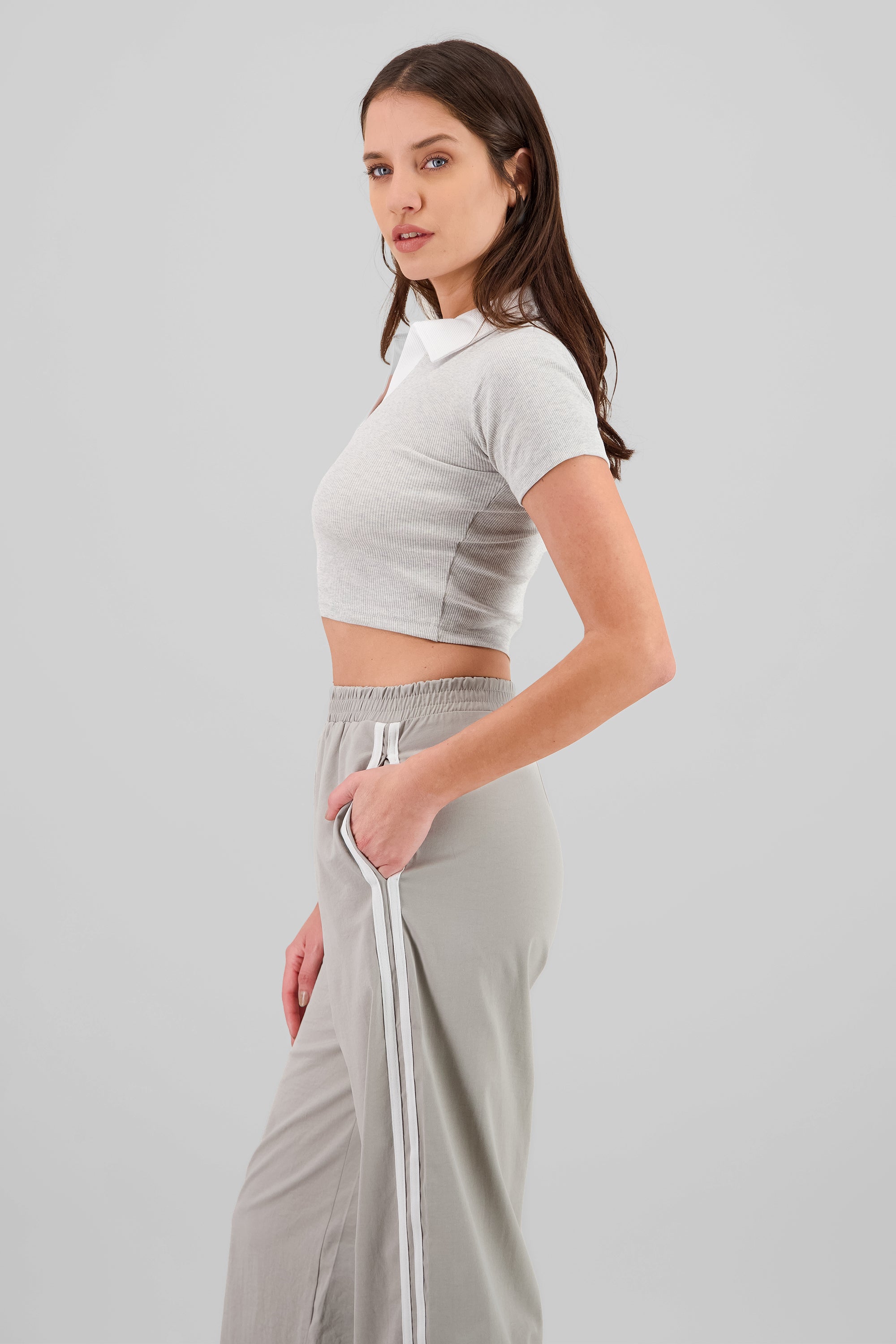 Contrast Polo Neck Top HEATHER GRAY