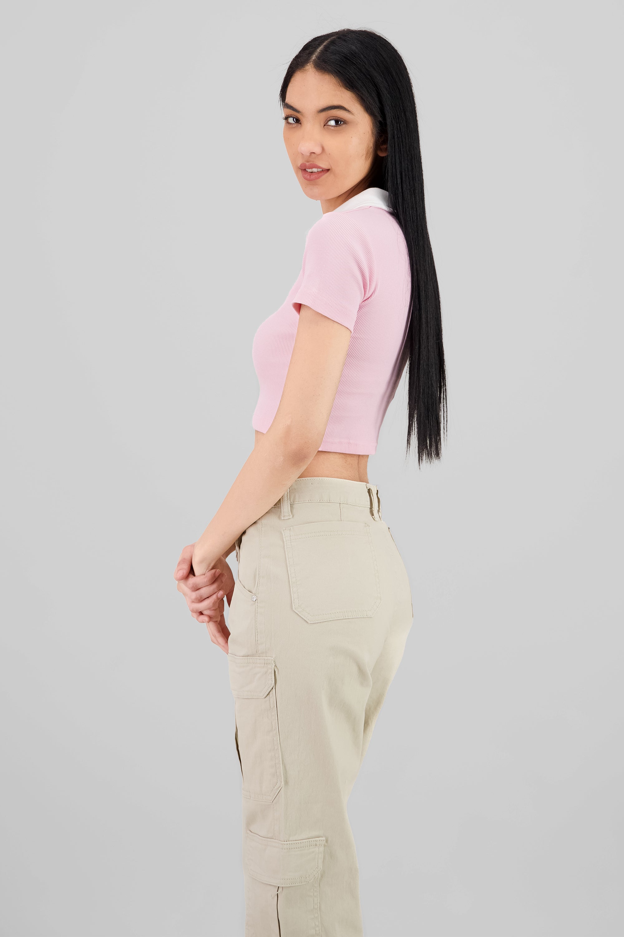 Contrast Polo Neck Top PASTEL PINK