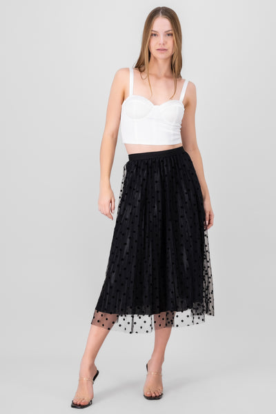 Flocked Polka Dots Midi Skirt BLACK