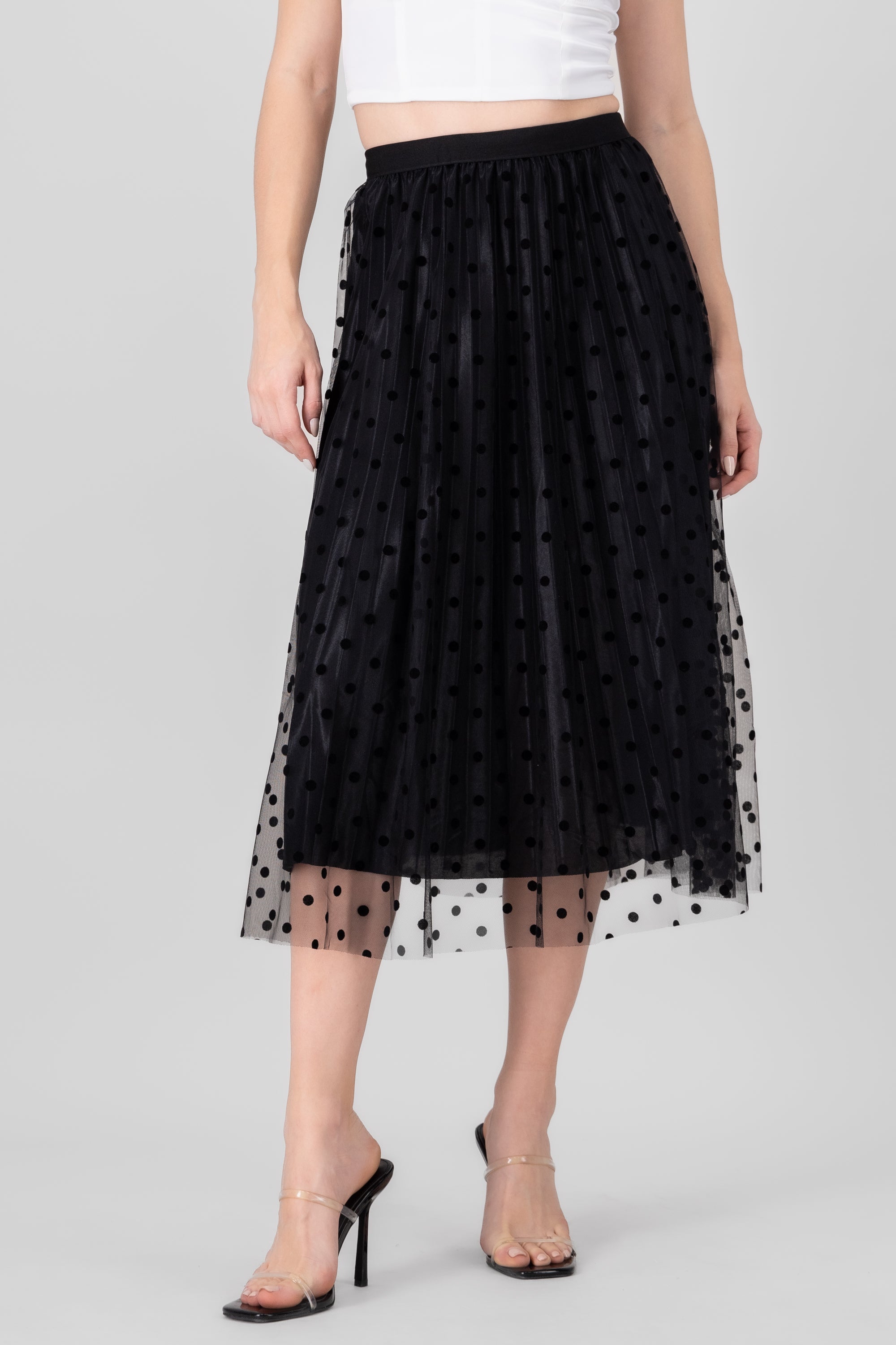 Flocked Polka Dots Midi Skirt BLACK