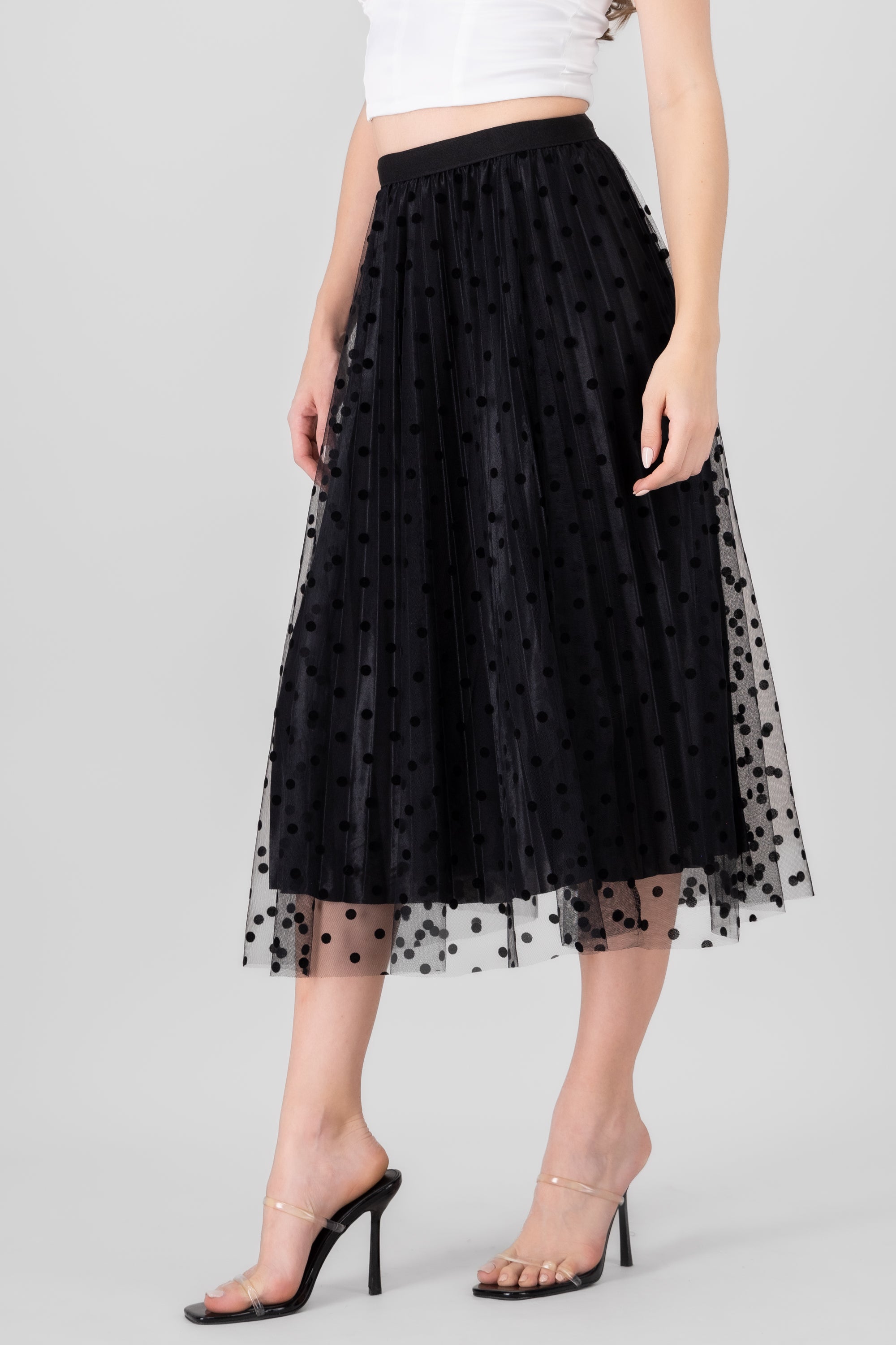 Flocked Polka Dots Midi Skirt BLACK