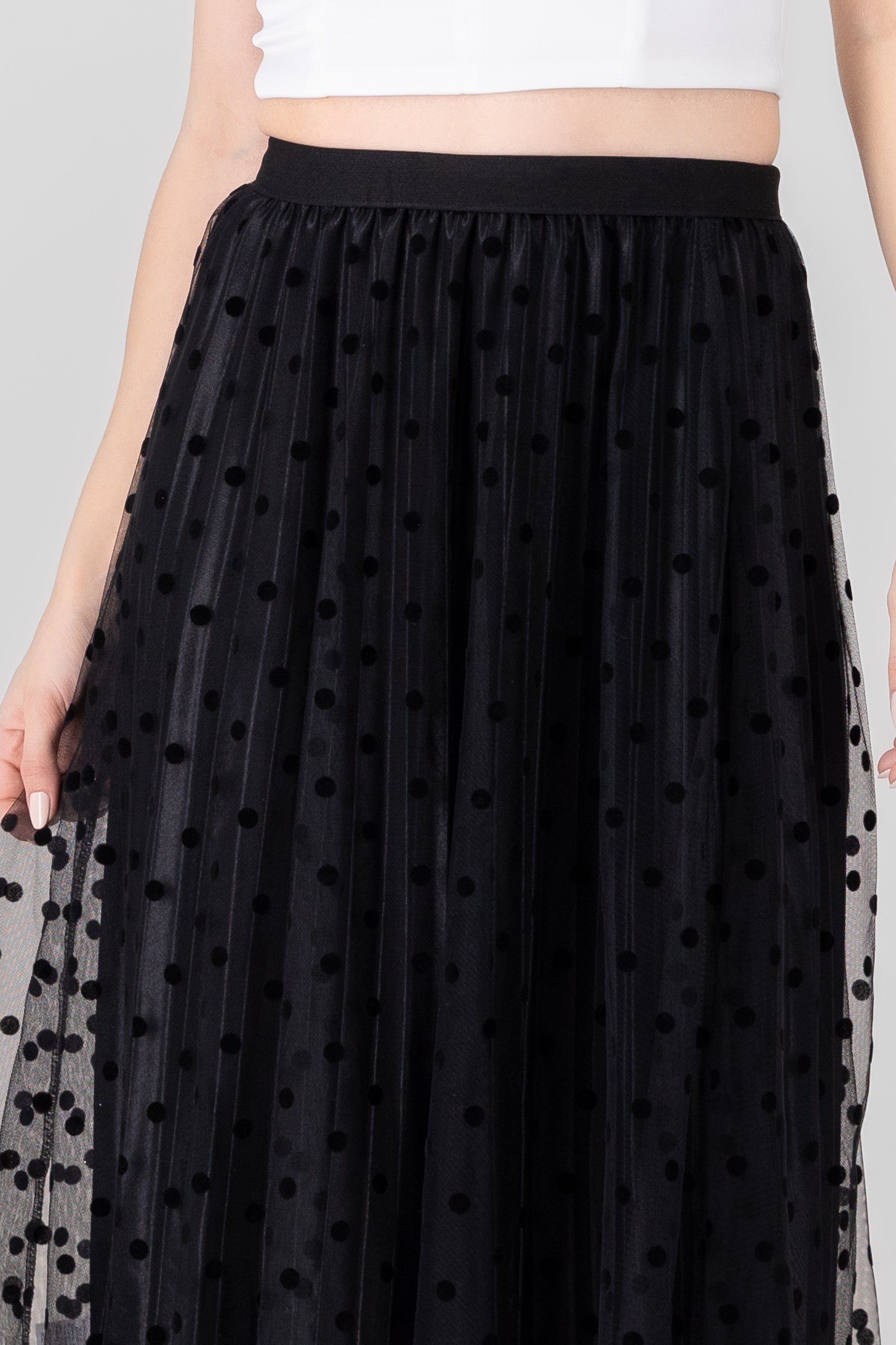 Flocked Polka Dots Midi Skirt BLACK