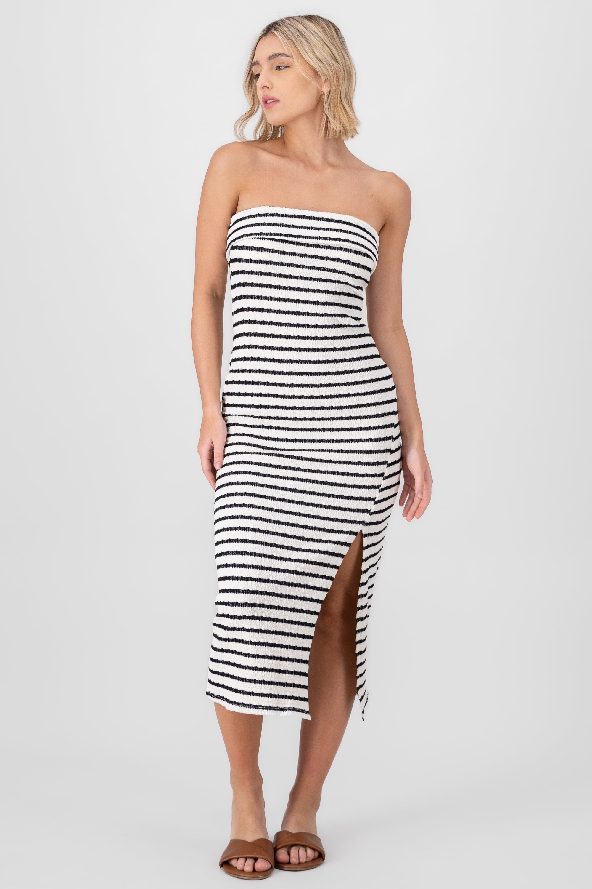 Off Shoulder Striped Print Dress WHITE COMBO