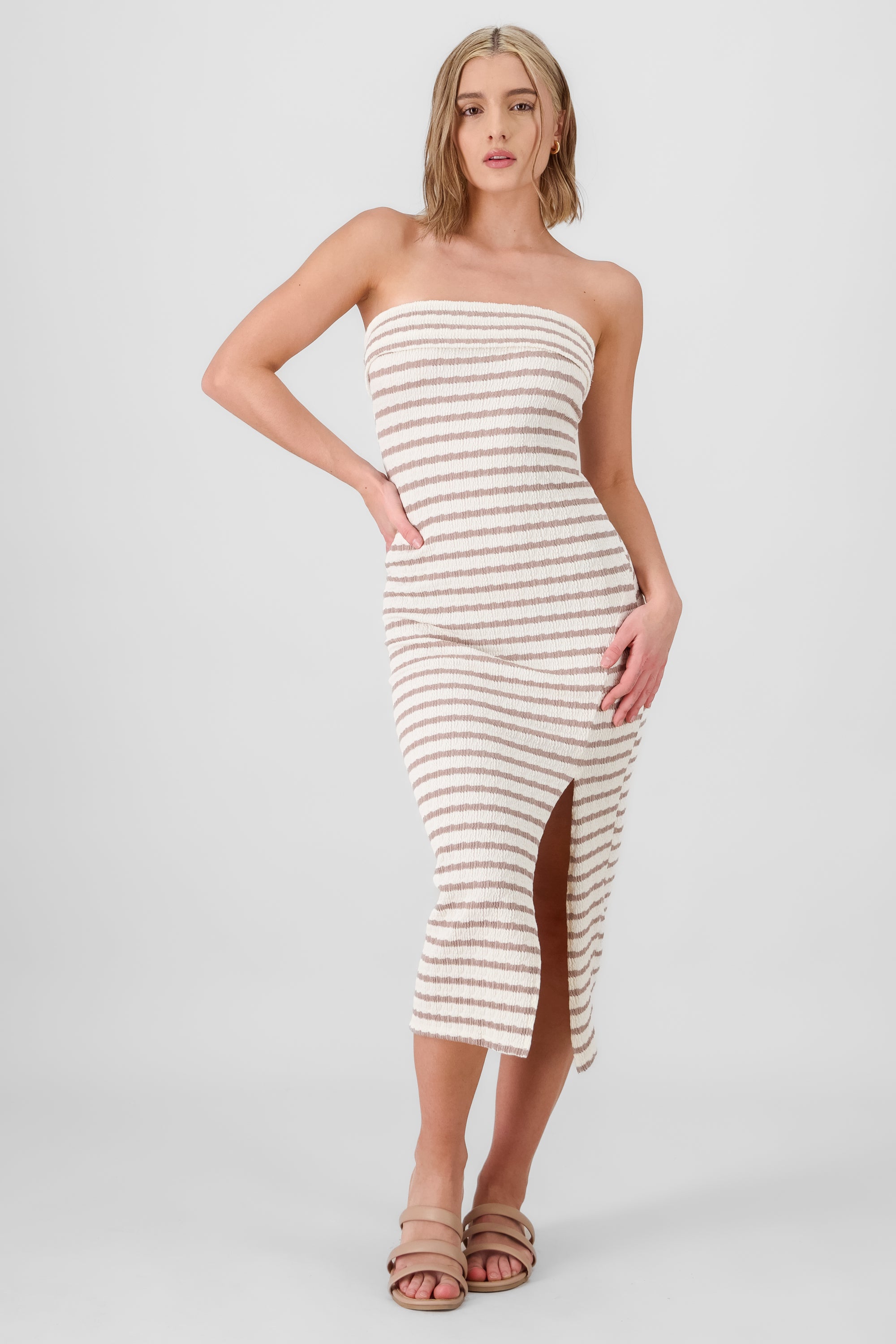 Off Shoulder Striped Print Dress TAUPE