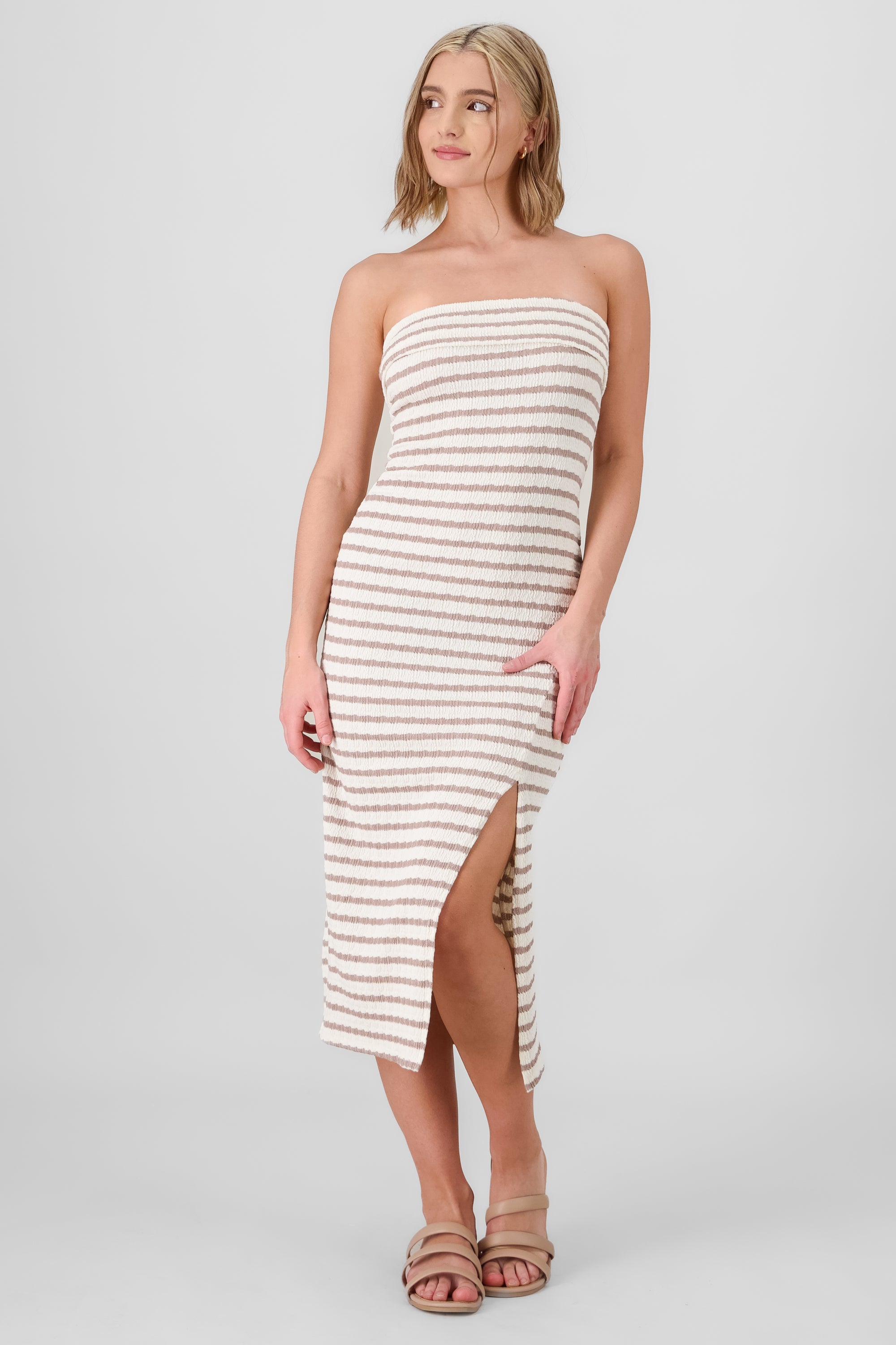 Off Shoulder Striped Print Dress TAUPE