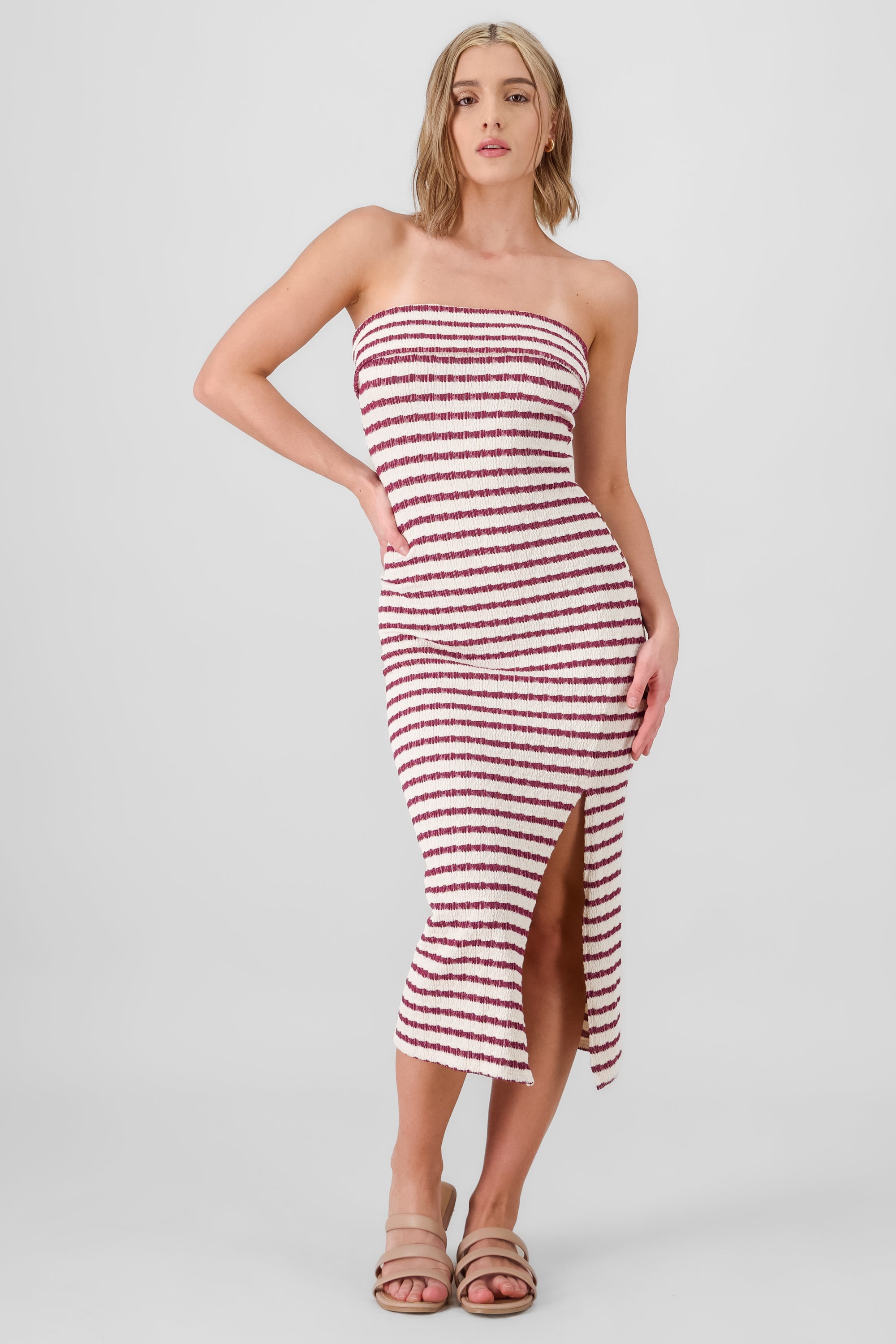 Off Shoulder Striped Print Dress BURGUNDY COMBO