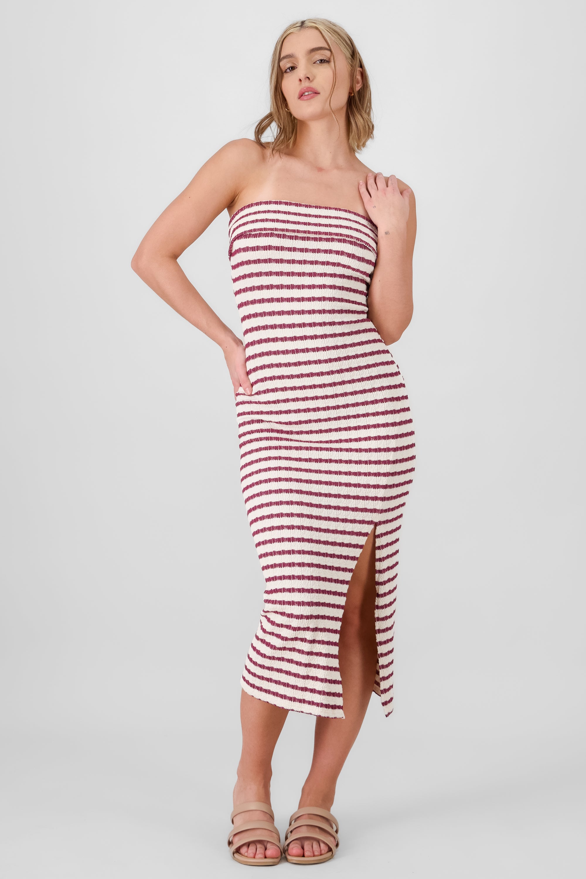 Off Shoulder Striped Print Dress BURGUNDY COMBO