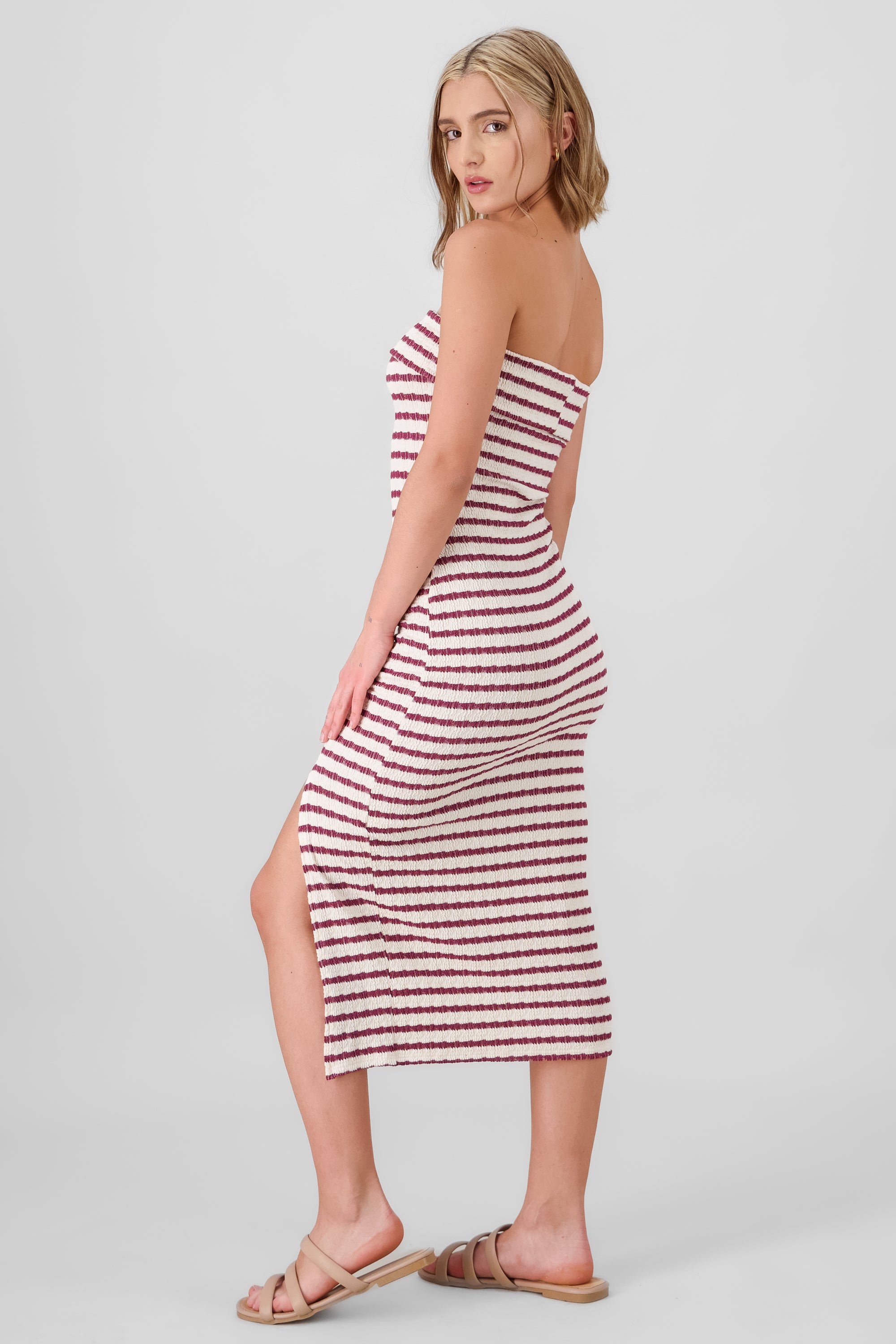 Off Shoulder Striped Print Dress BURGUNDY COMBO