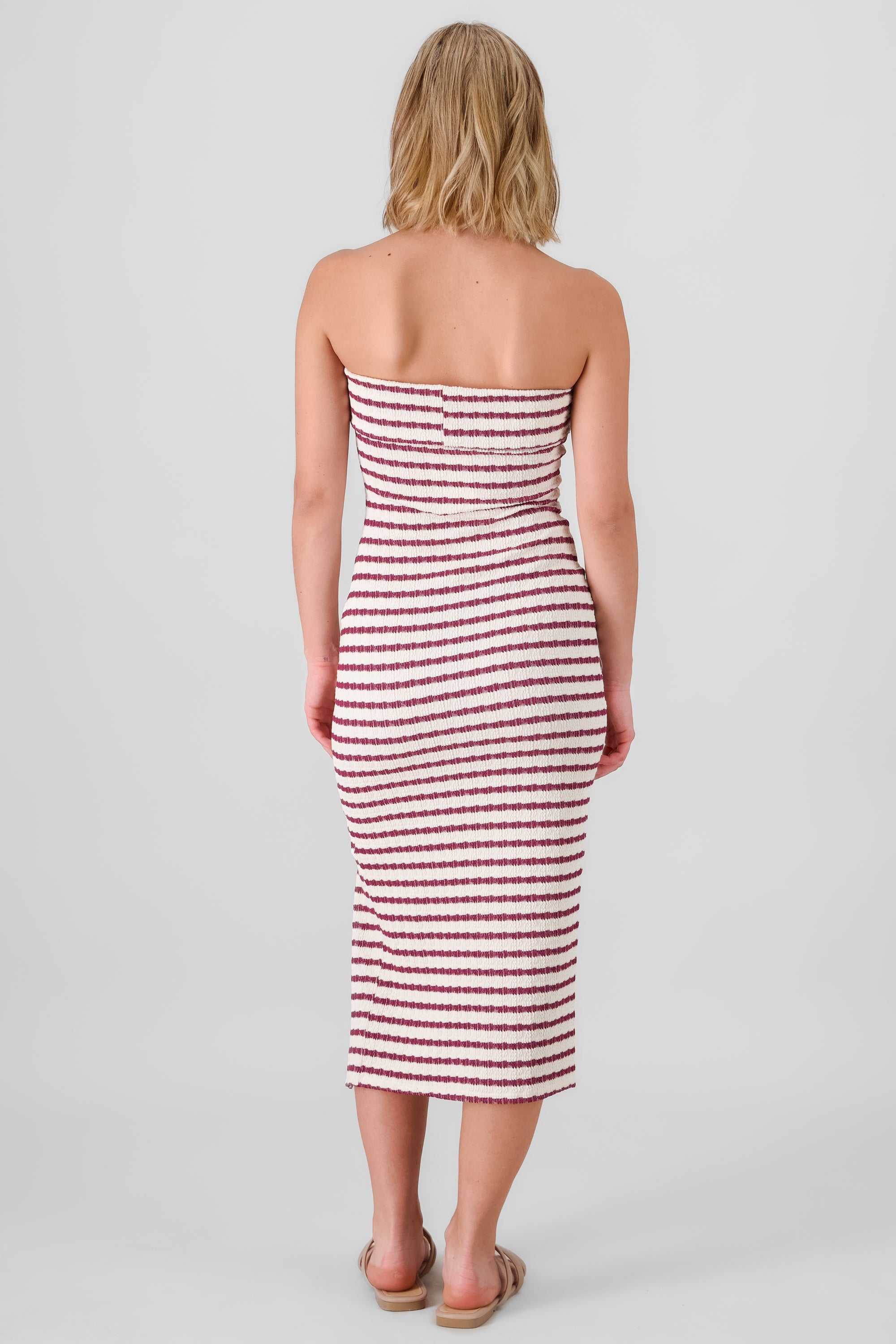 Off Shoulder Striped Print Dress BURGUNDY COMBO