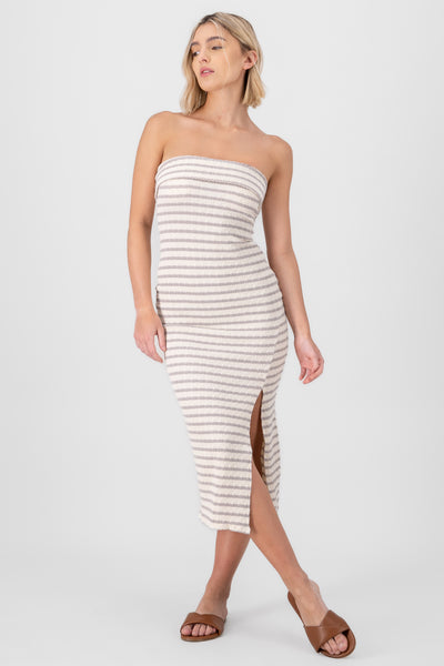 Off Shoulder Striped Print Dress TAUPE