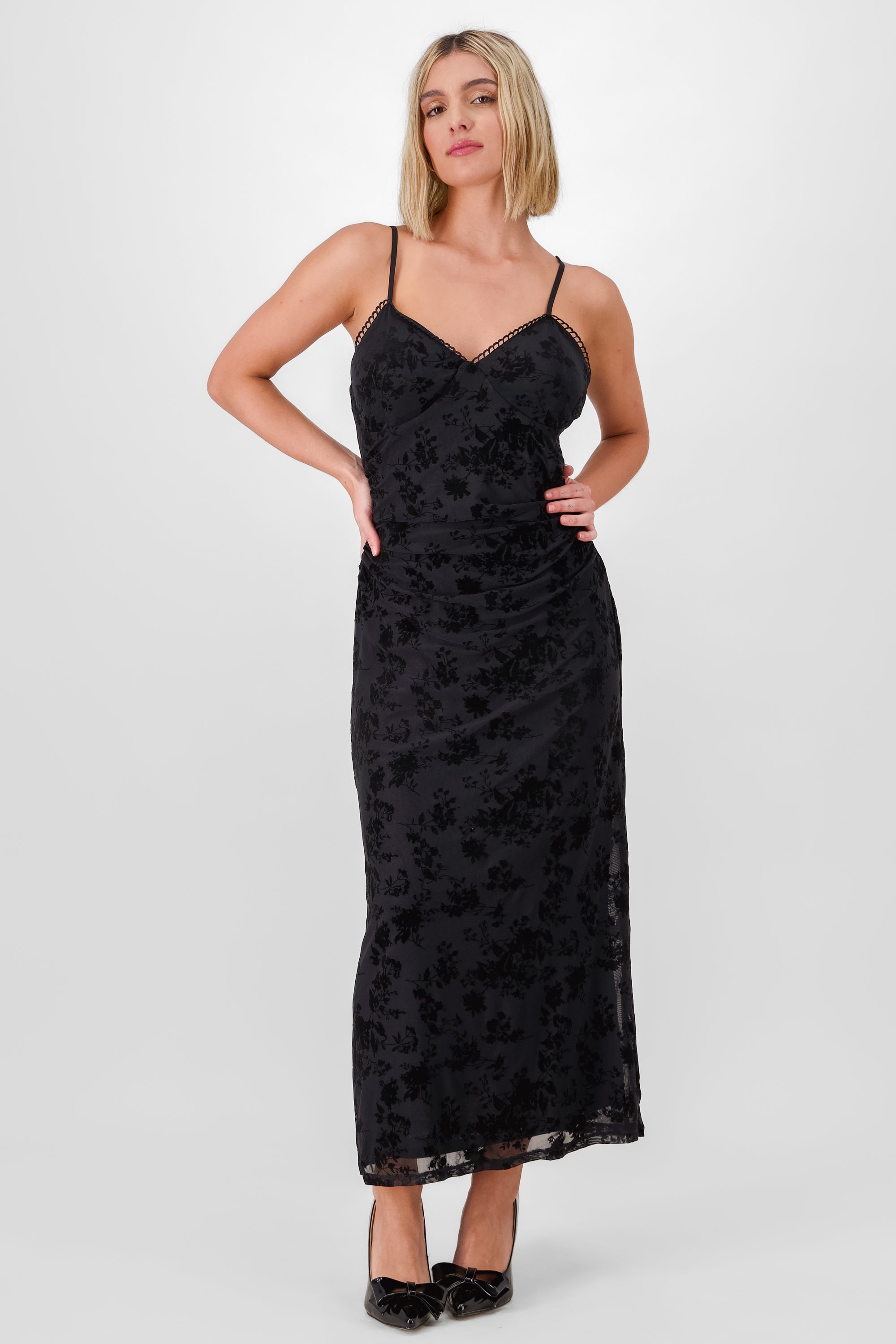 Flocked Mesh Maxi Dress BLACK