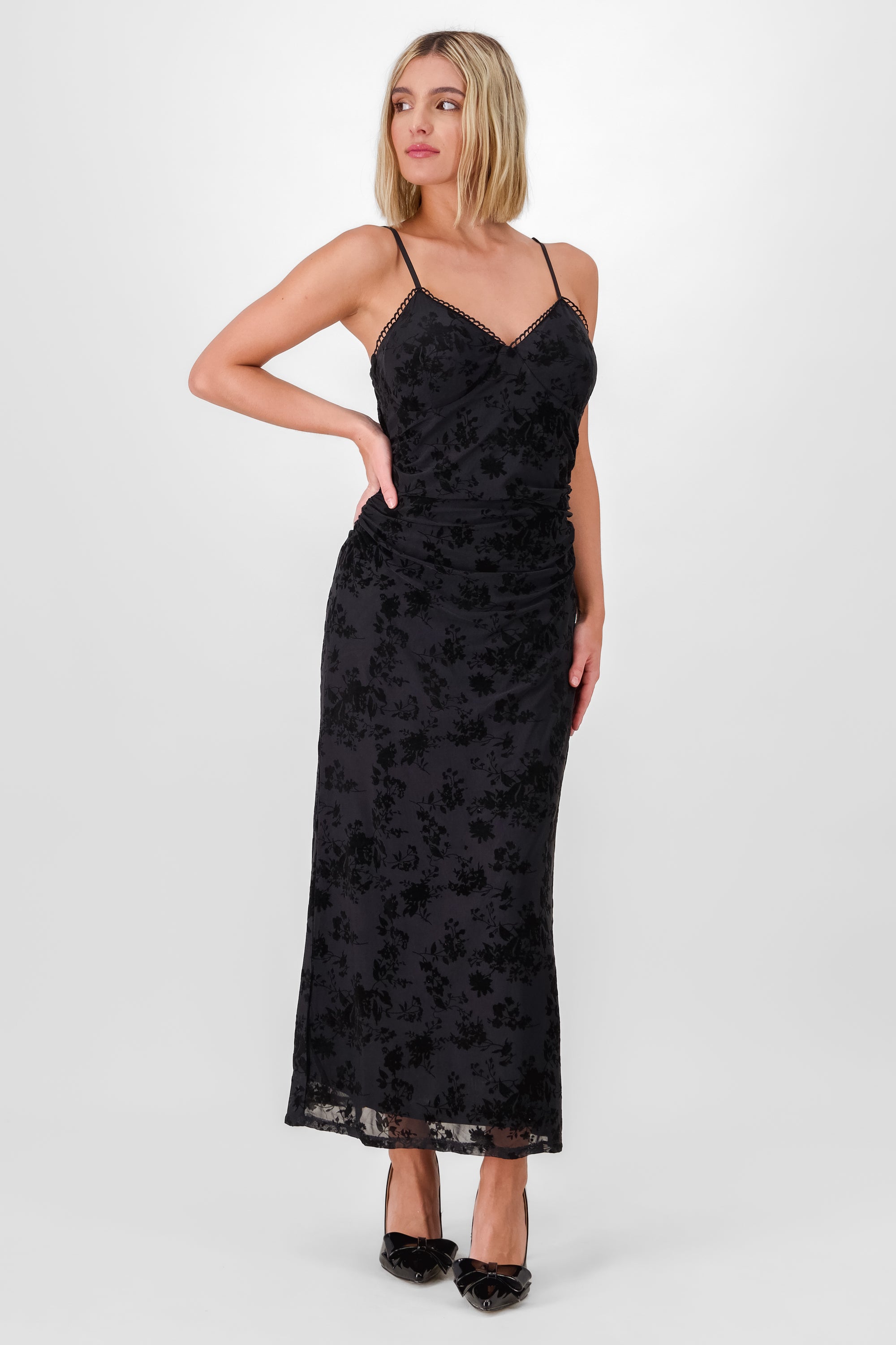 Flocked Mesh Maxi Dress BLACK