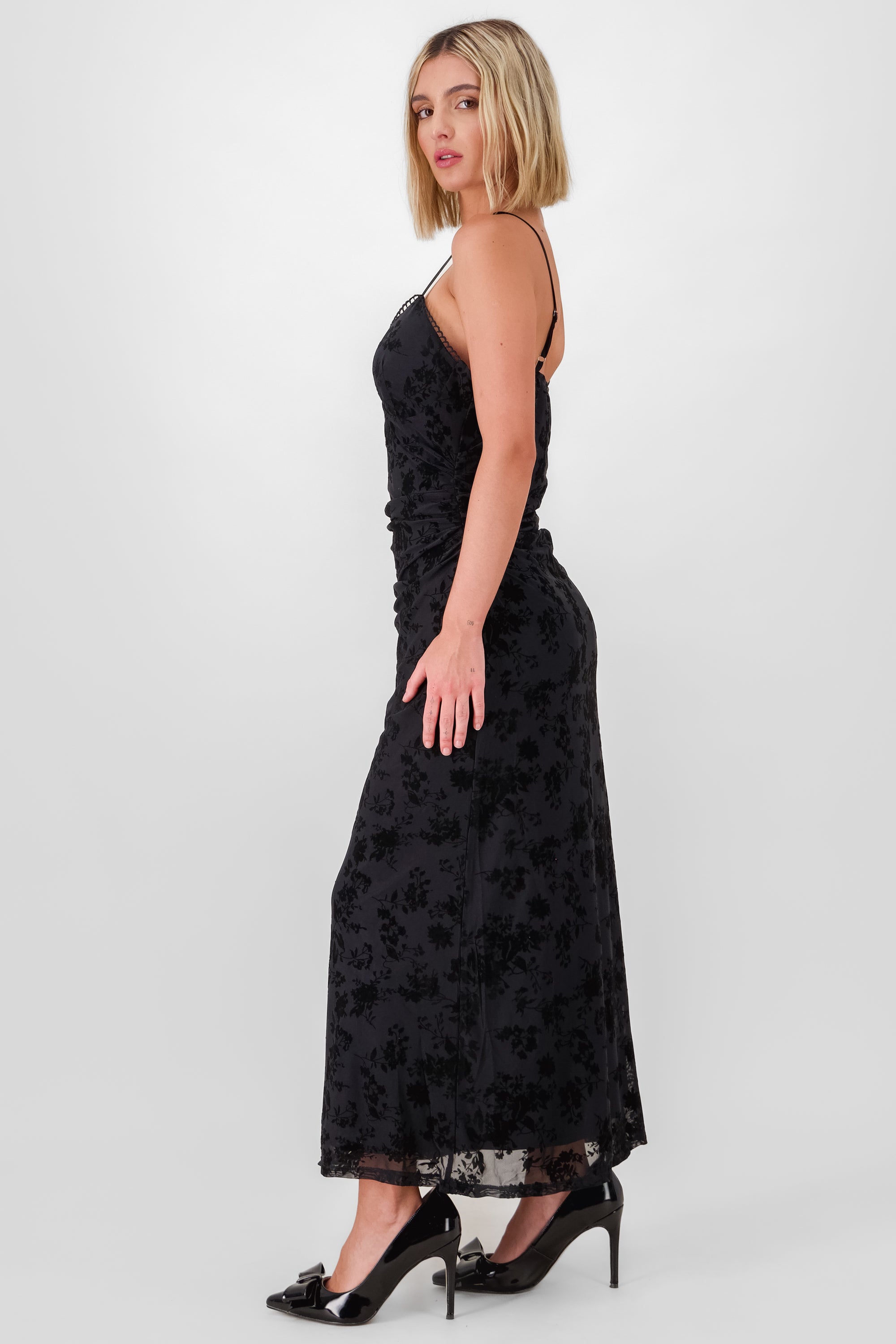 Flocked Mesh Maxi Dress BLACK