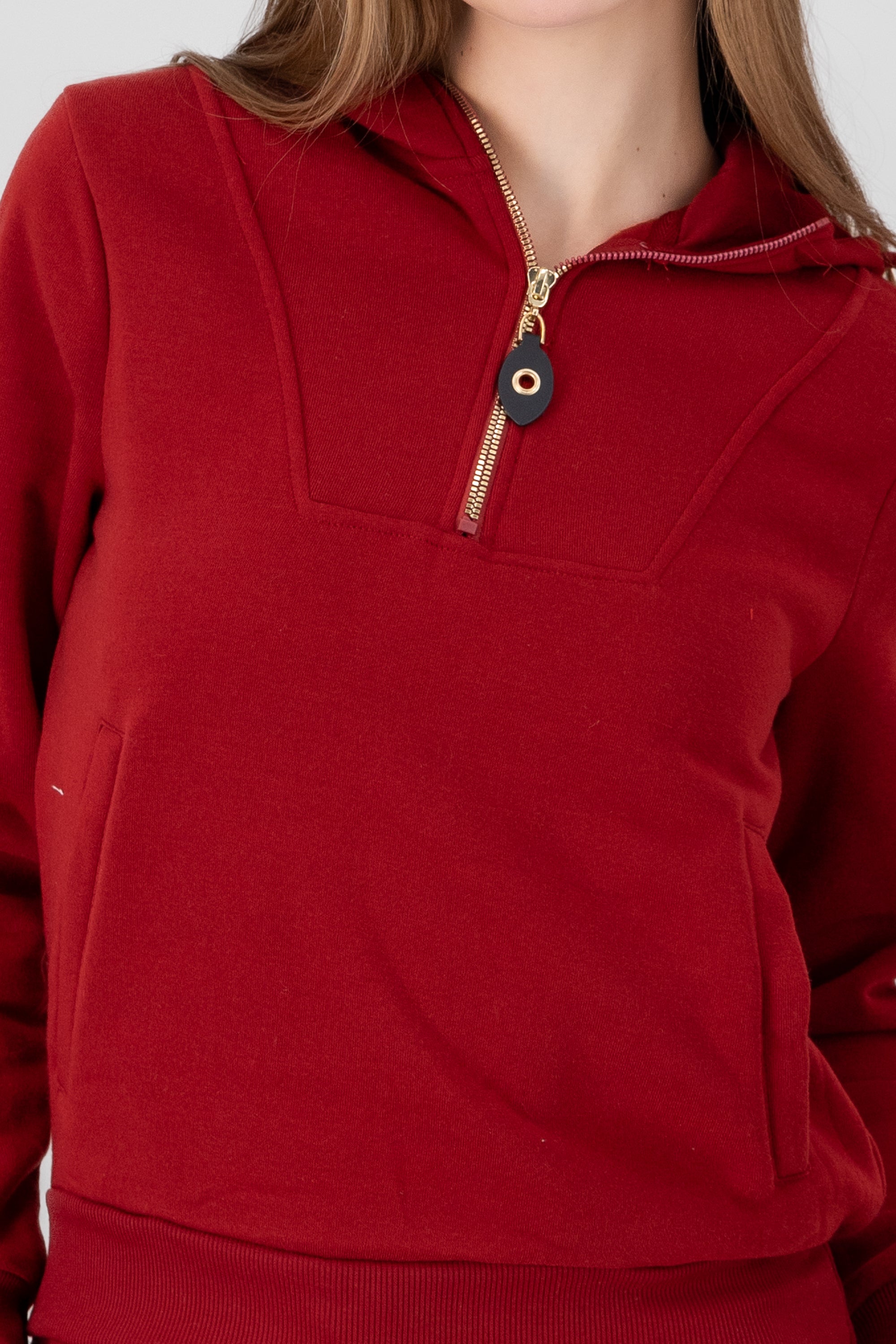 Solid Pocket Detail Hoodie BURNT RED