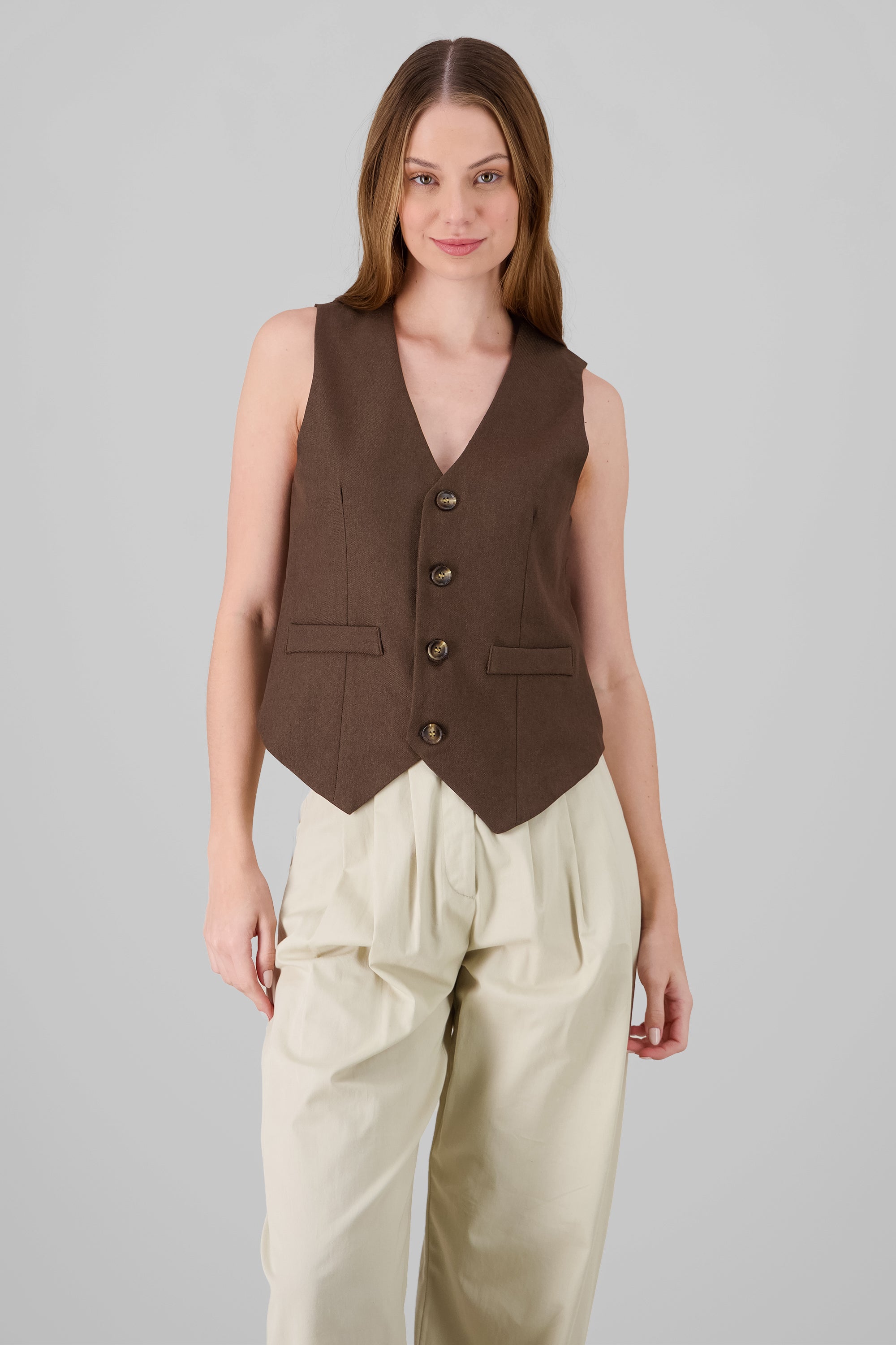 Button Solid Vest BROWN