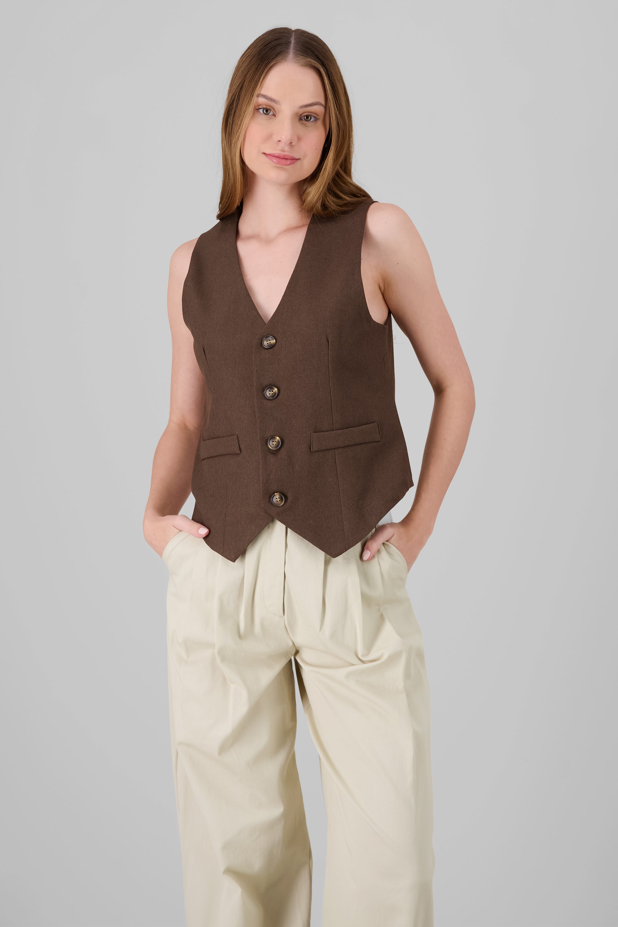 Button Solid Vest BROWN