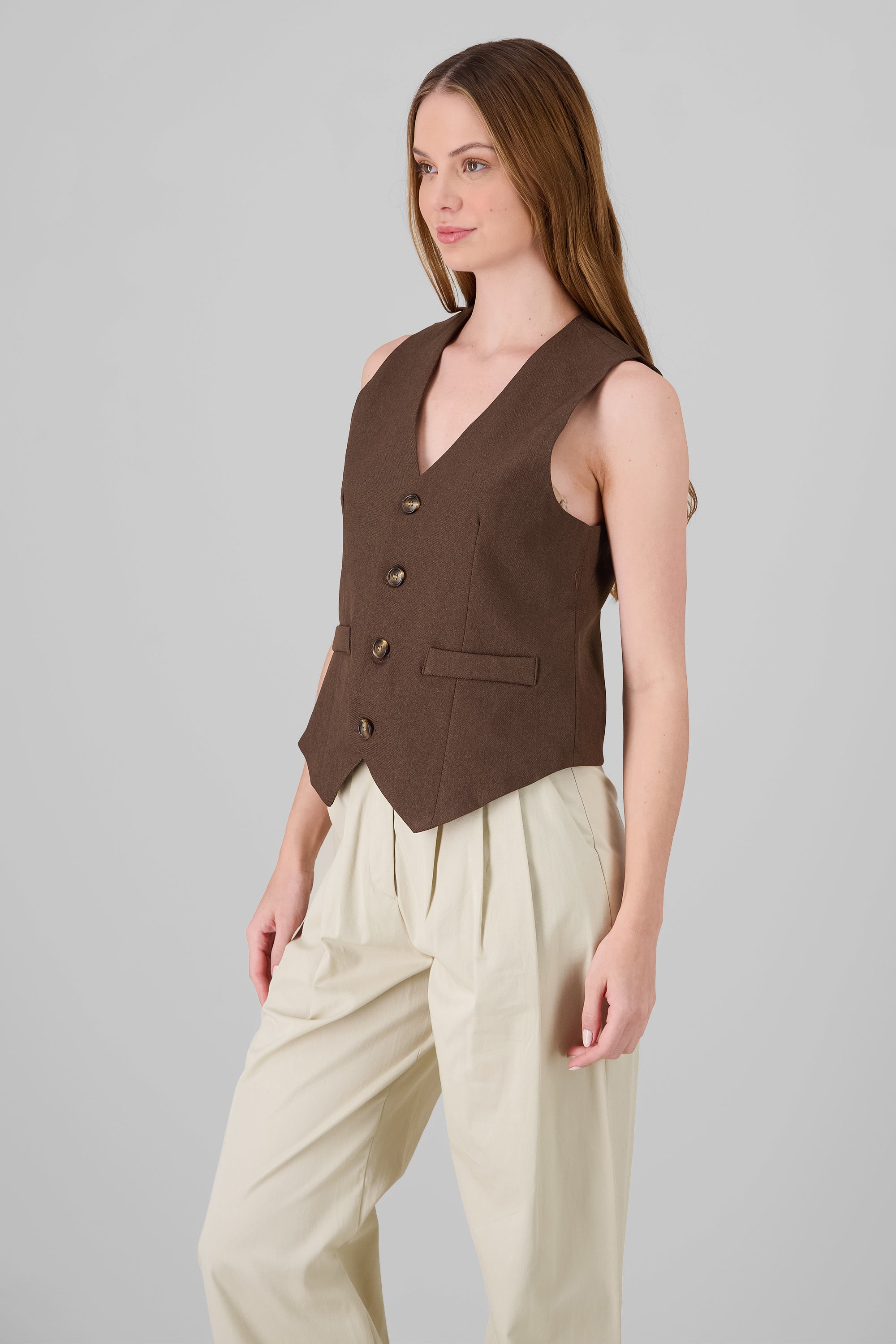 Button Solid Vest BROWN