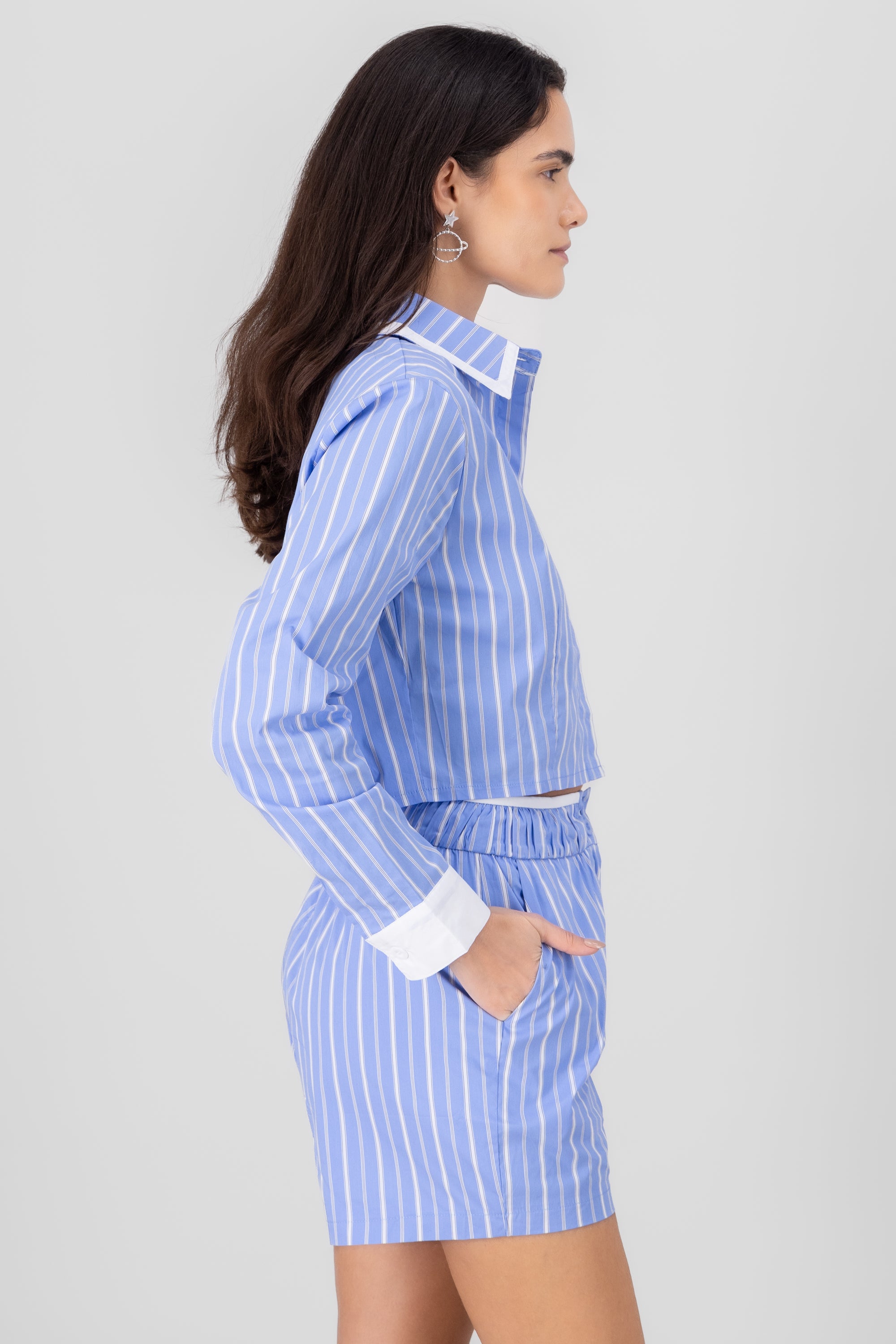 Contrast Detail Striped Shirt BLUE COMBO