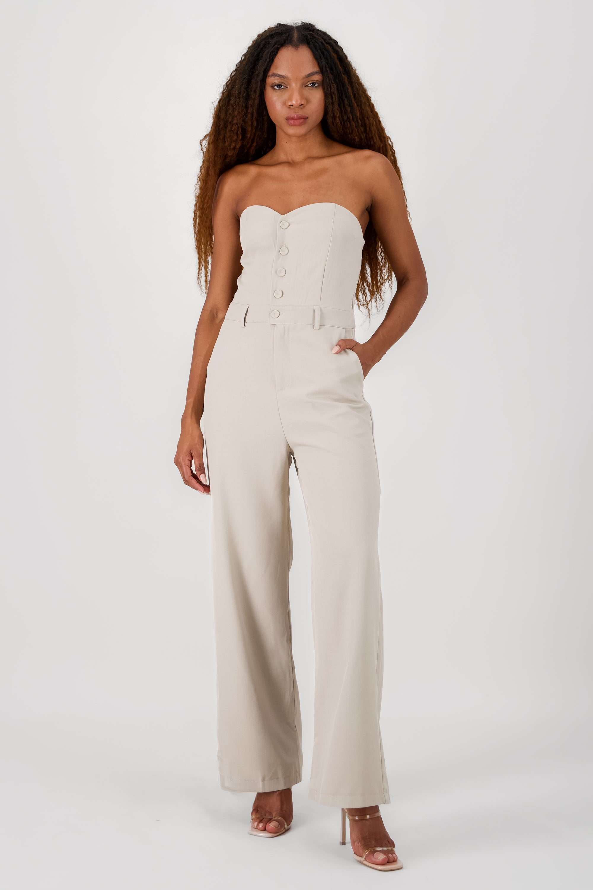 Solid Strapless Jumpsuit BEIGE