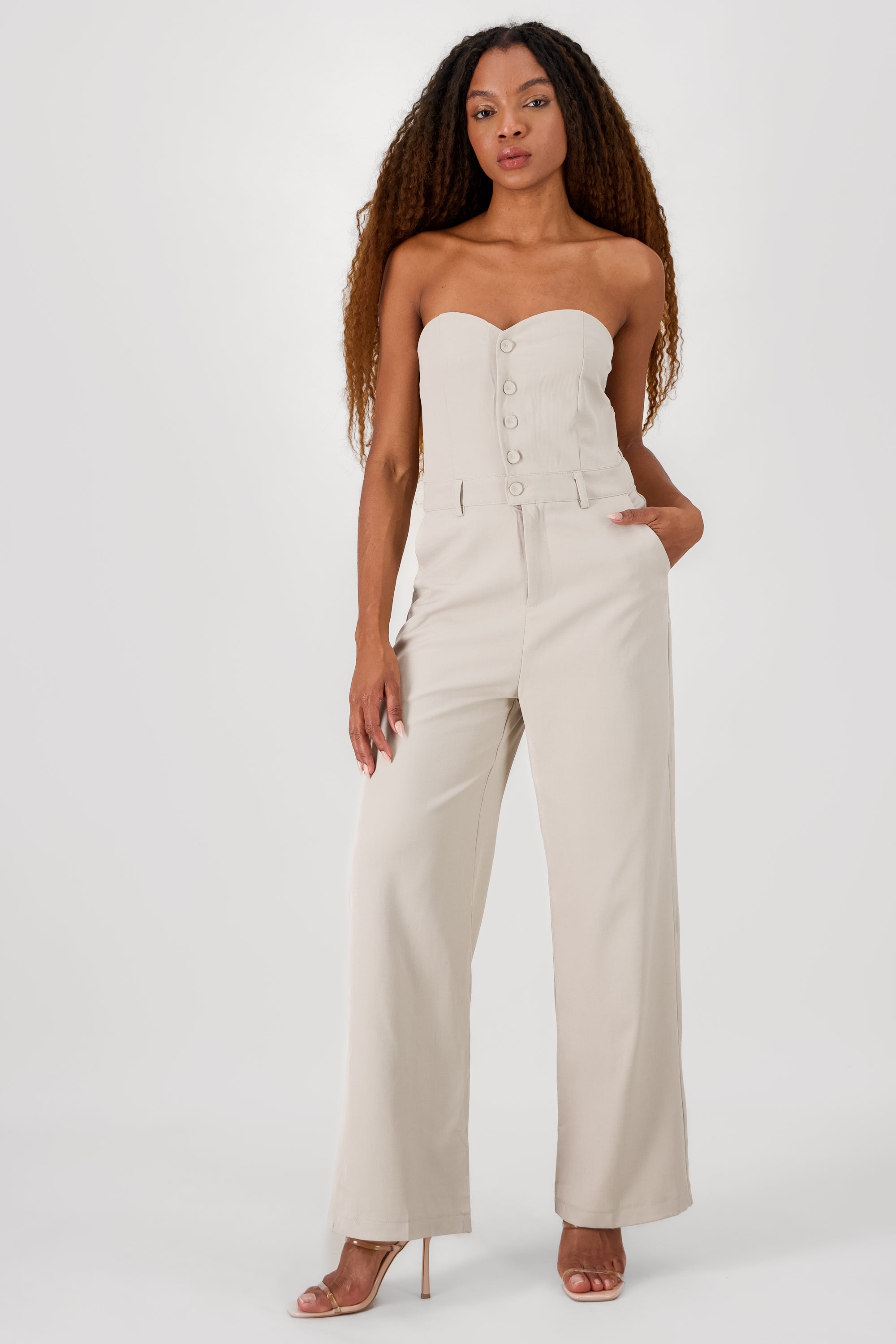 Solid Strapless Jumpsuit BEIGE