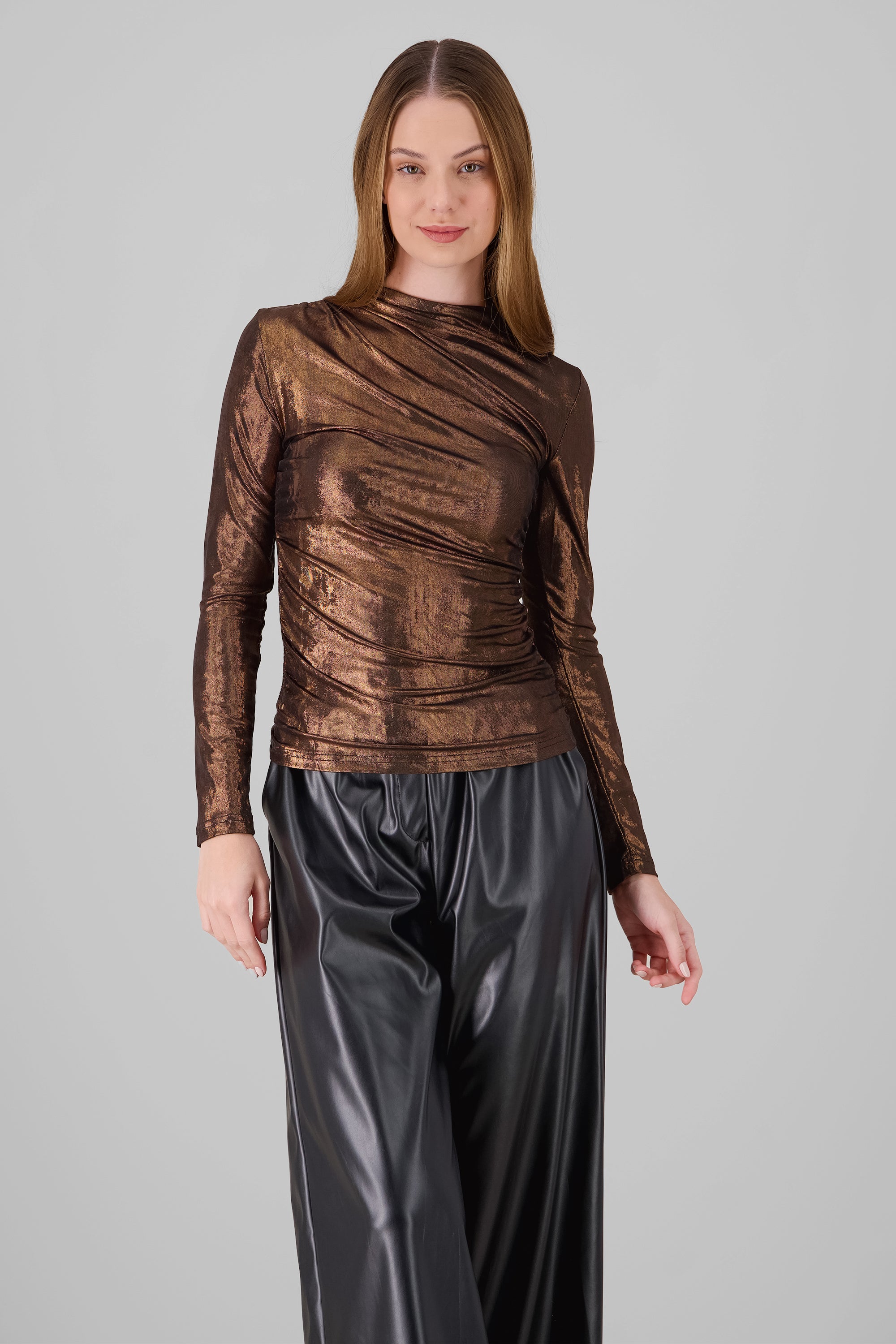 Metallic Long Sleeve Blouse BROWN